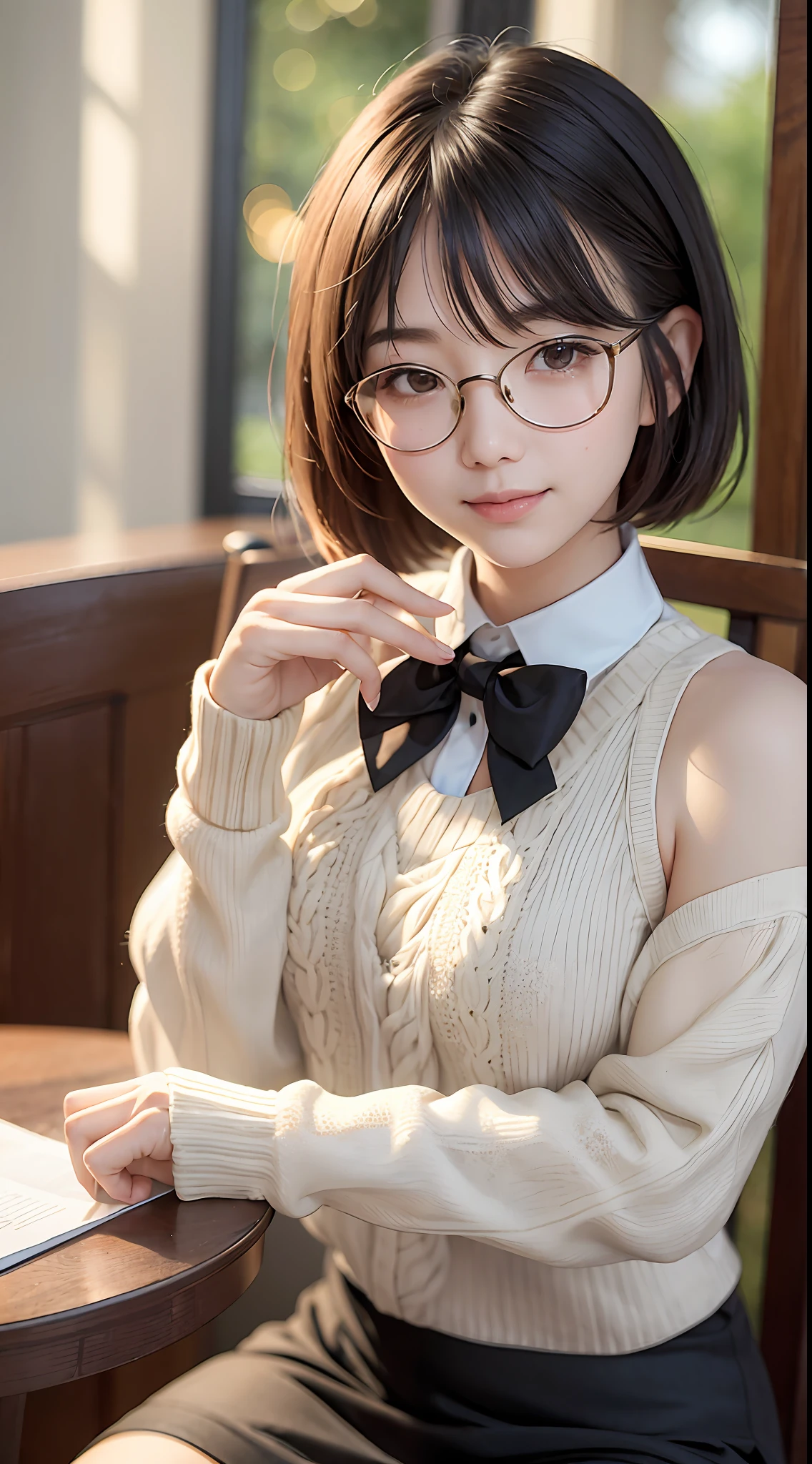 cinematic light, Intricate details, beautiful sunny, Korean girl, (in café: 1.5) , dimples, short hair, glasses, looking at away, detailed trees, neck ribbon, bow tie, bare shoulders, loose ribbed sweater, high-waisted pencil skirt, headrest, sitting, indoor, Necklace, black pantyhose, sheet transport sweater, (smile), (full body: 1.6), slender, (NSFW: 1.33)