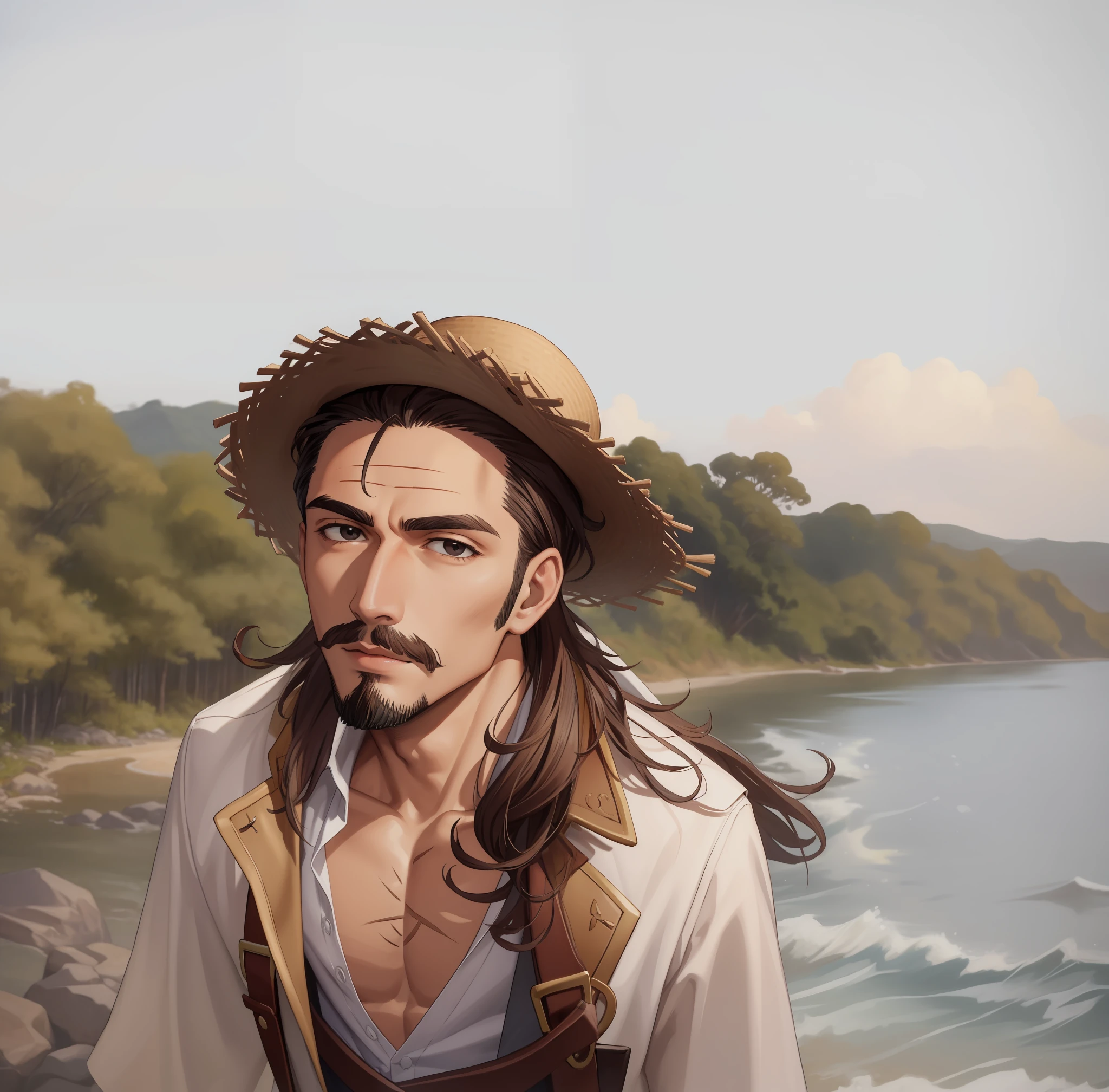 (masterpiece, best quality), intricate details,
1boy, man, brown hair, straw hat, Shnks, rods \(one piece\), scar on face, black eyes, medium hair, wavy hair, shirt, white shirt, looking at the screen, male focus, open clothes, collar shirt, pants, cape, coat, open shirt, facial hair, scar, sandals, pectorals, partially unbuttoned, pectoral neckline, shoulder coat, nature, scenery, upper body, straw hat,