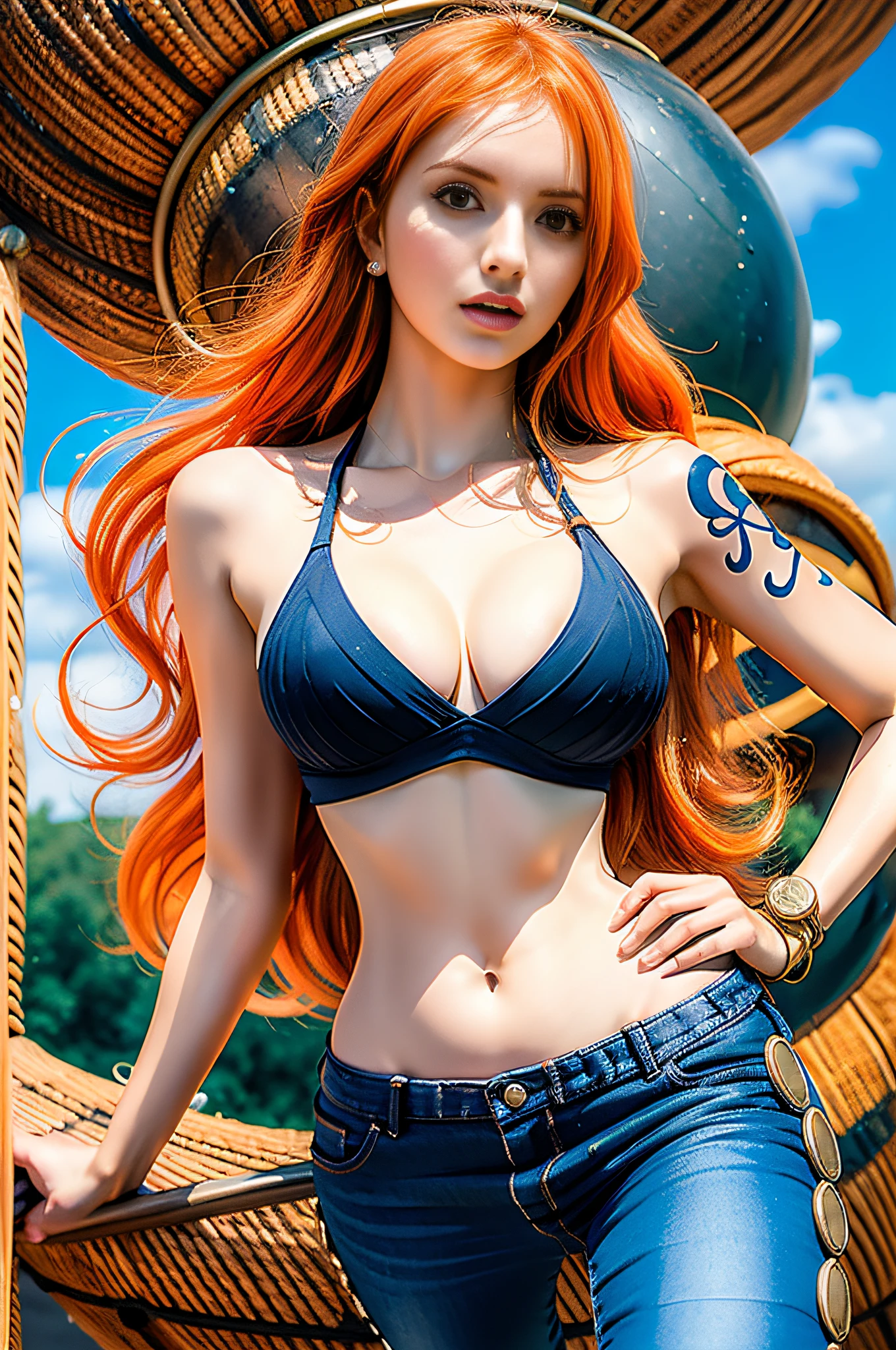 (((masterpiece+best quality+high resolution+ultra-detailed))), nami \(one piece\), long silky orange hair, high nose, sharp eyes, noble and inviolable temperament, (([female]: 1.2 + [beauty]: 1.2 + orange long hair: 1.2)), pirate ship background, (one piece), blue sky, bracelets, bubbles, clouds, denim, pants, shoulder tatto, bright eyes, dynamic angle and posture.