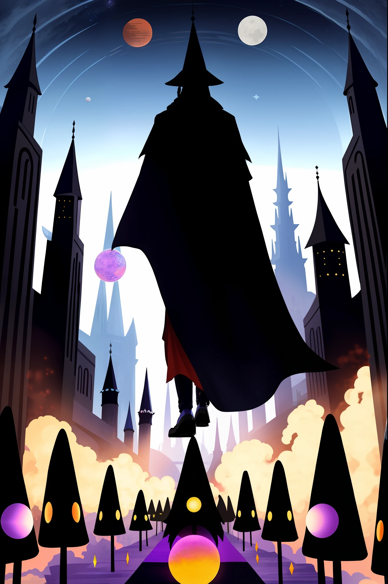 tall, eyeless humanoid beings with black markings running from their orbitals to the bottom of their jaws, wearing long cloaks, wielding large wooden staffs with colored crystals on top, in a magical city, with different colors