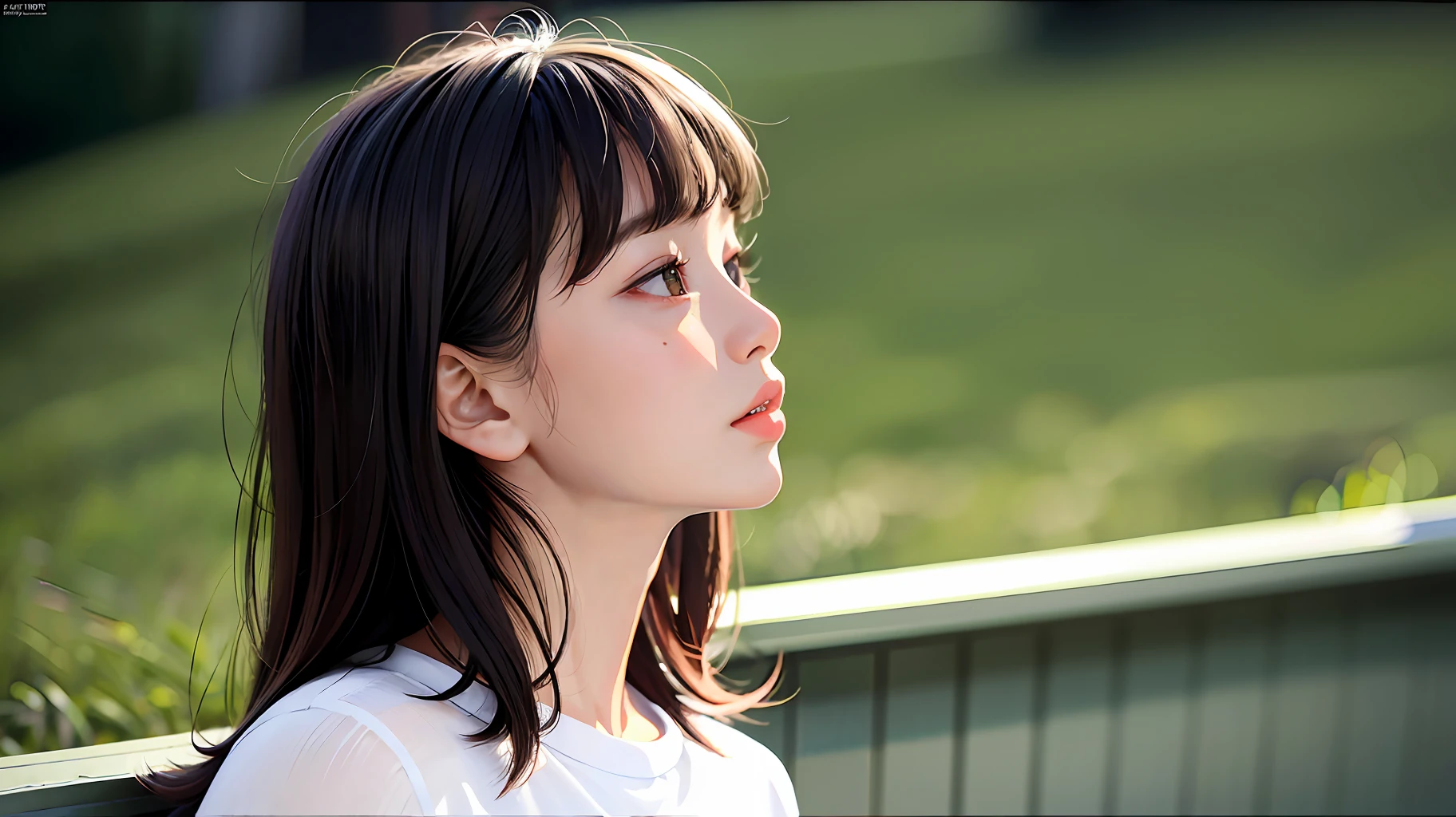 masterpiece, best quality, (dark photo: 1.3), photorealistic, 1girl, flat bangs, stunning innocent symmetrical face, shirt, emotional, orchan, (PureErosFace_V1:0.7), profile, stock board