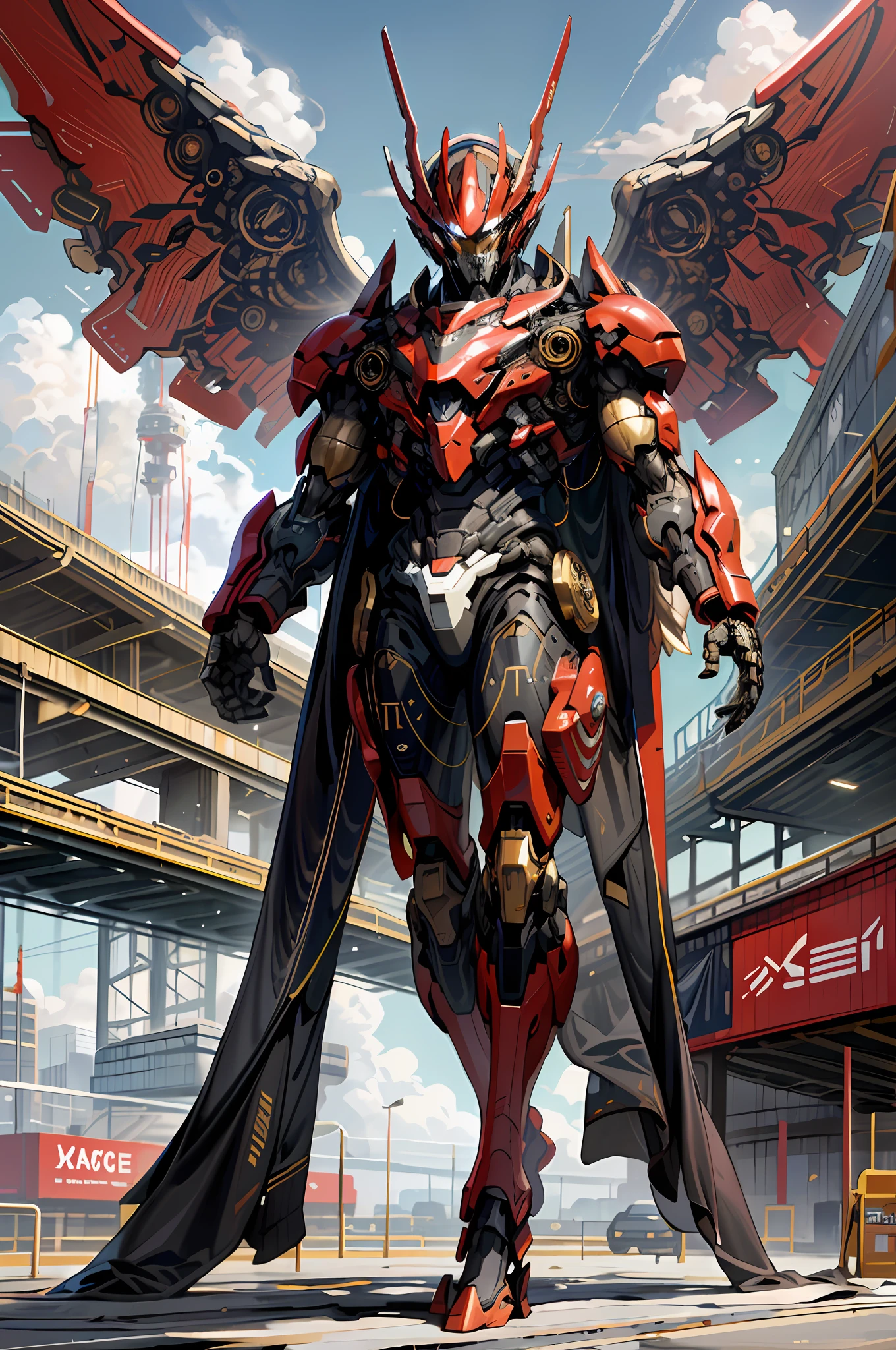 masterpiece, construction, shining eyes, sci-fi, hangar, sky, realistic, state-of-the-art large humanoid mecha, god-like bright red fuselage, golden decoration in details, red mechanical wings, straight ahead, full body visible composition