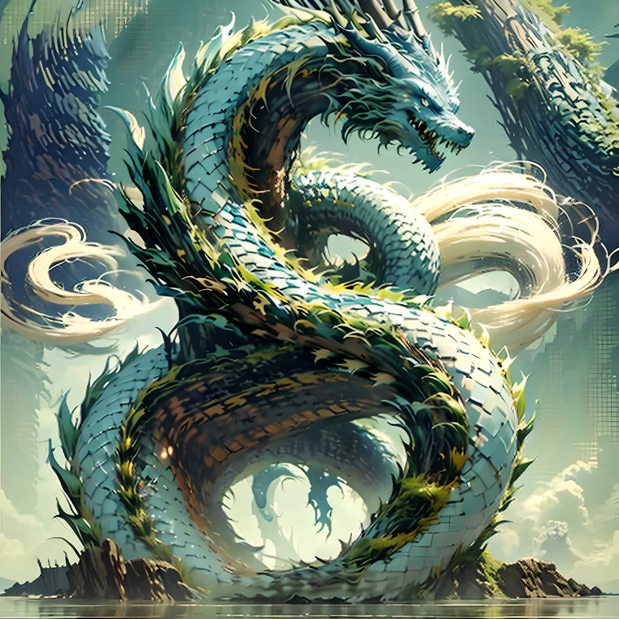 Best quality,masterpiece,ultra high res,nu no humans, (long:1.2),tree, teeth, sharp teeth, blue eyes, cloud, outdoors, 1other, fantasy, horns, sky, fog, open mouth, monster, scenery