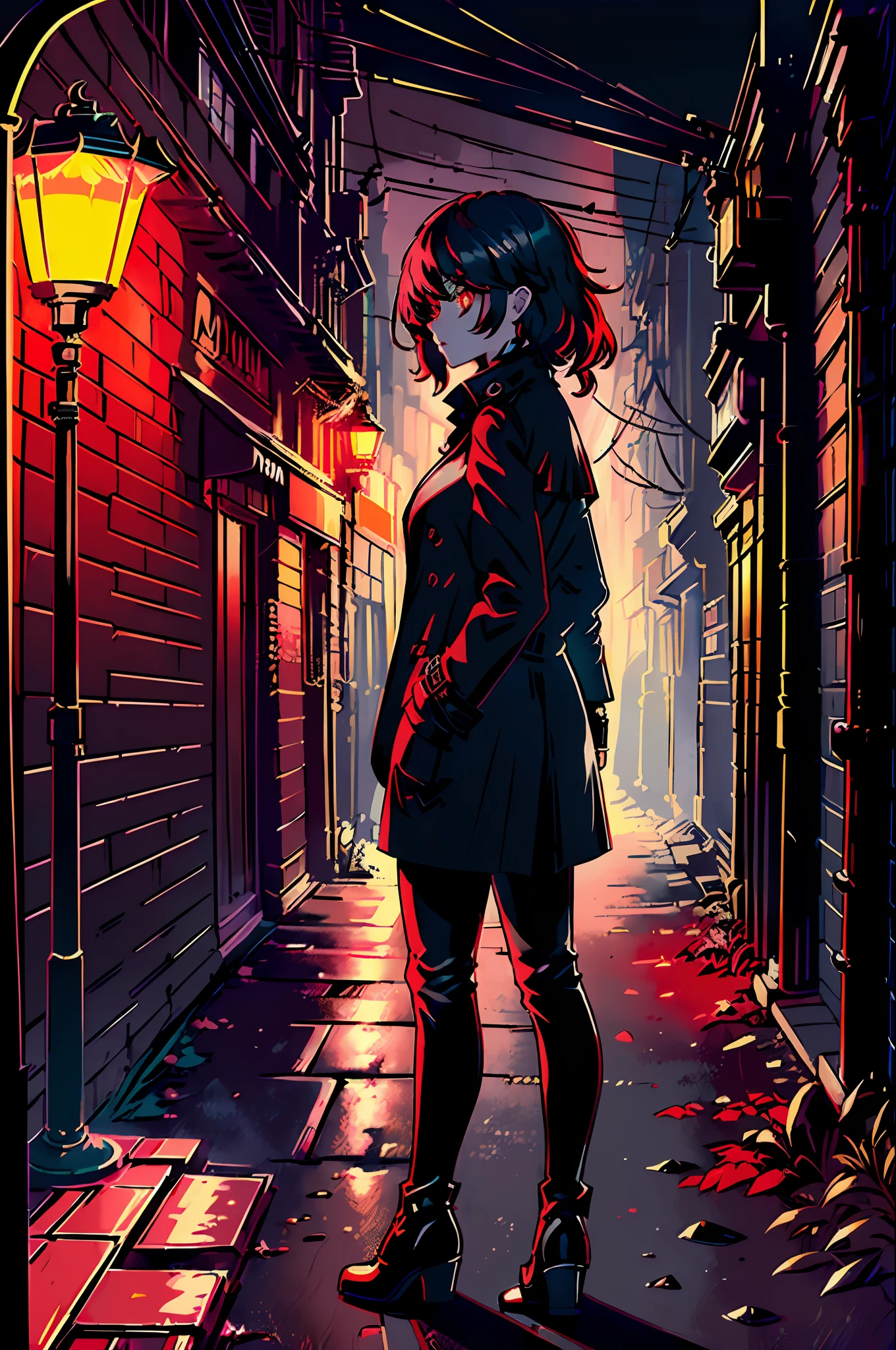 ((best quality, masterpiece, ultra-detailed), (film noir style), (1girl:1.2), (black trench coat, black gloves, black pants, black boots), (glowing red eyes,), (mysterious),(night time), (standing under a lamp post), (melancholic))