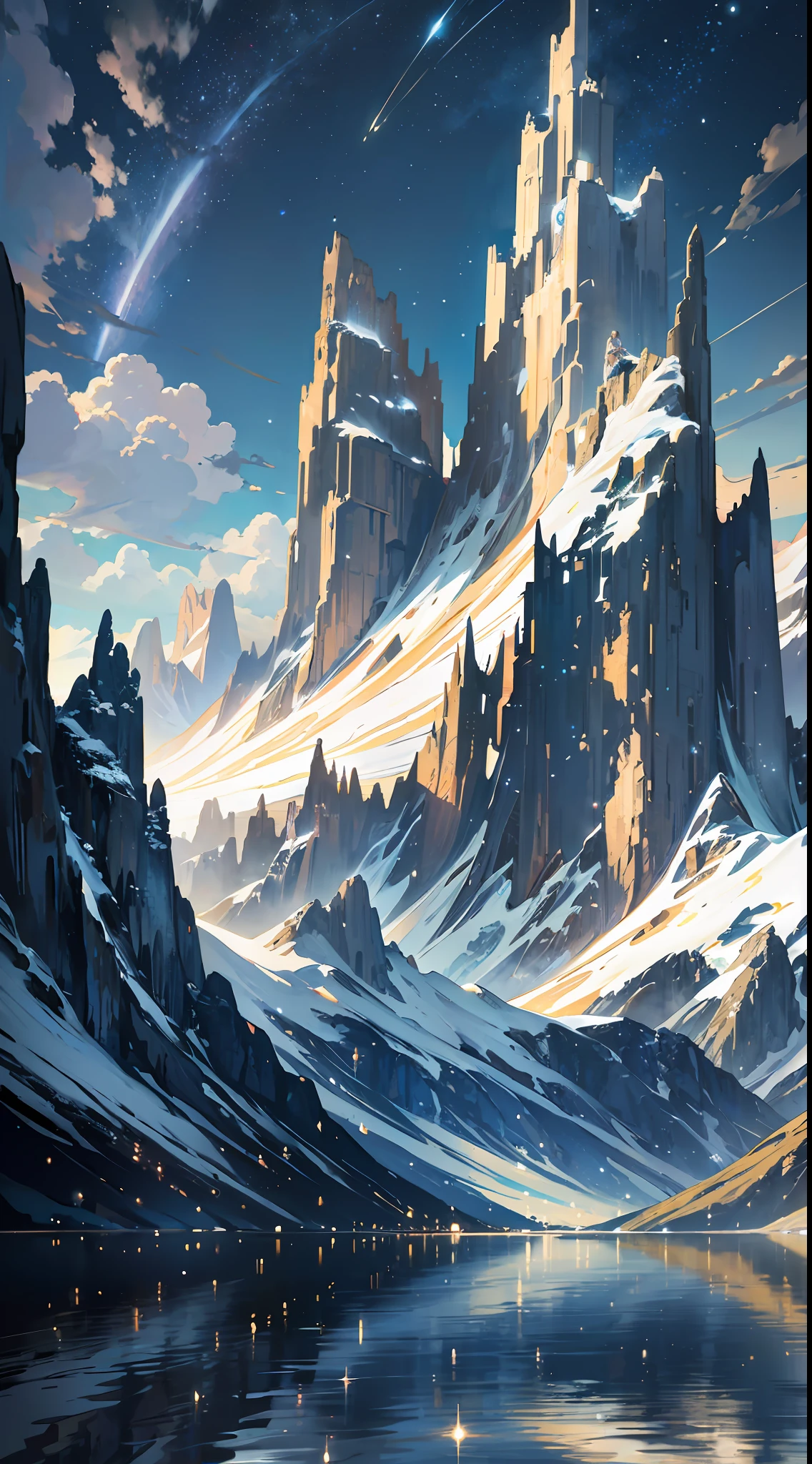 Starry Sky with Mountains and Lake, Jessica Rossier, Inspired by Jessica Rossier, Jessica Rossier Fantasy Art, Concept Art Magic Highlights, Official Artwork, Dream Painting, Ethereal Realm, Atmospheric artwork, dreamy matte paintings, serene endless stars inspired by Ted Nasmith, moonlit starry environments, epic music album covers.