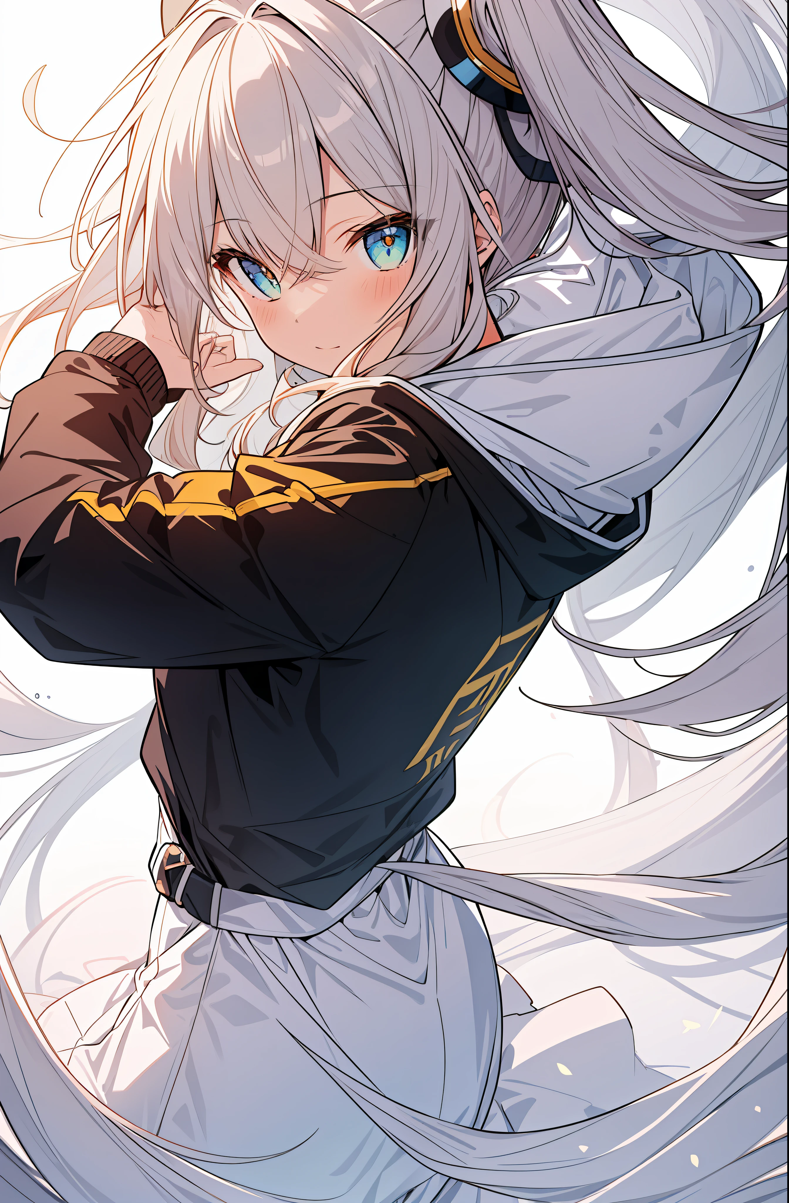 Top Quality, Masterpiece, High Resolution, 8k, Hoodie and Anime Style Girl, One Girl, Detailed Line Art, Bright White and Bright Amber Style, Digital Enhancement, Close Up, Anime Core, Flowing Fabric