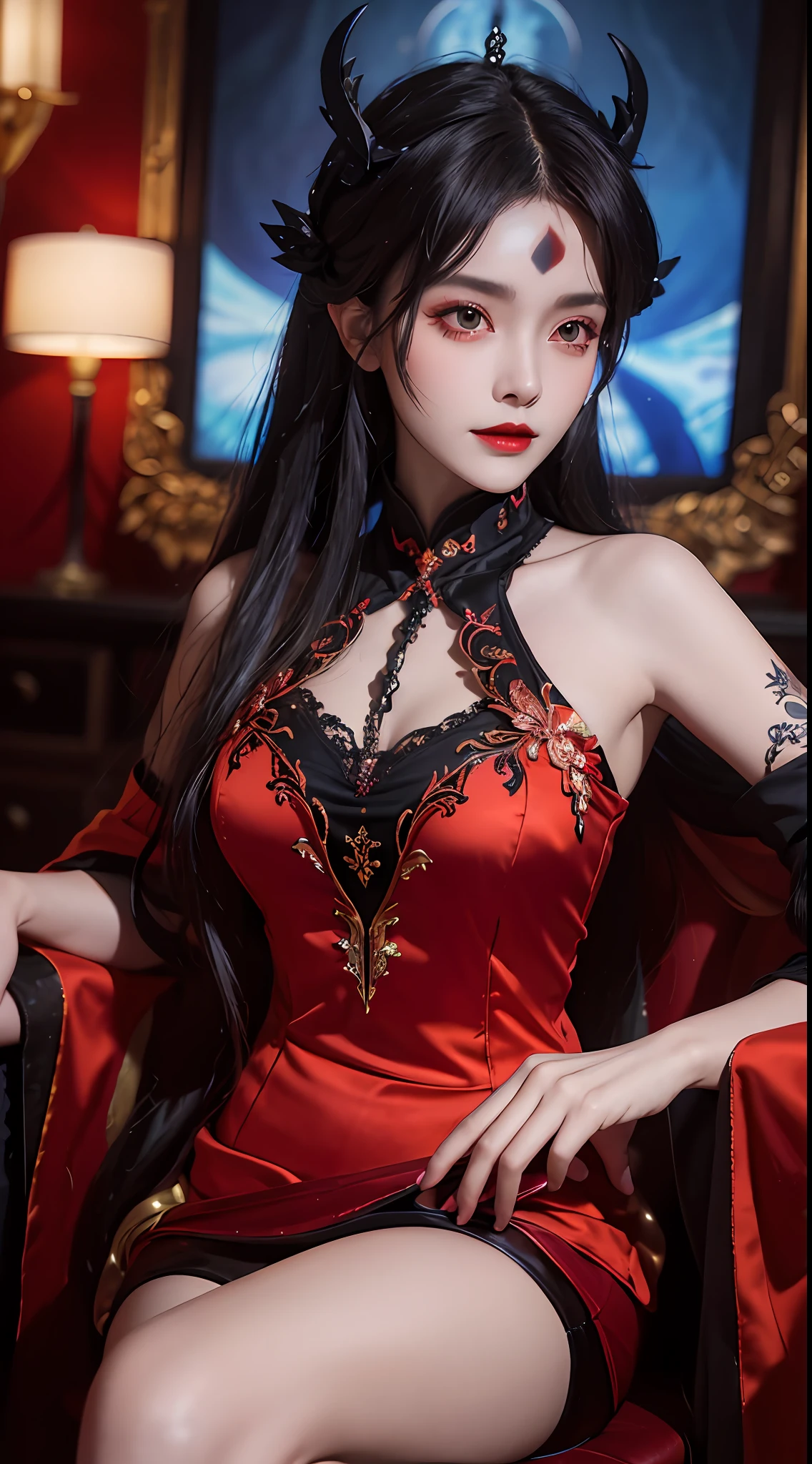 1 beautiful devil woman from hell, In the Dark: 1.6), surreal female portrait by David Hockney and Alphonse Mucha, fantasy art, korea doll, photorealism, dynamic lighting, artstation, poster, volumetric lighting, very detailed faces, 8k ultra, Awarded, in the dark, deep shadow, low key, cowboy lens, (Red phoenix dress: 1.4), long hair, black hair, bust, luxurious palace, Royal style, devil crown, red eyes make up very sharp and detailed, The most beautiful face, big and regular breasts, Super realistic, chinese women's clothing, polo neck sweater, Charming smile, The eyes are very well made up, guweiz, devil style, loong, wearing black mesh socks, 2 bangs braided hair, Red lips, Devil tattoo on shoulder, wearing a thin red and black robe, the landscape is overcast and thunderous, (Portrait),Close-up of the main character, (Background details 1.8), 2 hands under the belly,