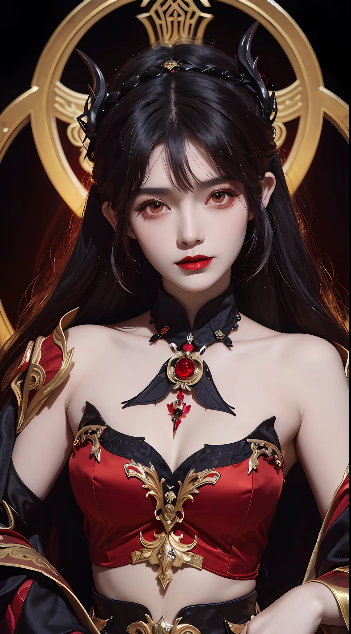 1 beautiful devil woman from hell, In the Dark: 1.6), surreal female portrait by David Hockney and Alphonse Mucha, fantasy art, korea doll, photorealism, dynamic lighting, artstation, poster, volumetric lighting, very detailed faces, 8k ultra, Awarded, in the dark, deep shadow, low key, cowboy lens, (Red phoenix dress: 1.4), long hair, black hair, bust, luxurious palace, Royal style, devil  crown, red eyes make up very sharp and detailed, The most beautiful face, big and regular breasts, Super realistic, chinese women's clothing, polo neck sweater, Charming smile, The eyes are very well made up, guweiz, devil style, loong, wearing black mesh socks, 2 bangs braided hair, Red lips, Devil tattoo on shoulder, wearing a thin red and black robe, the landscape is overcast and thunderous, (Portrait),Close-up of the main character, (Background details 1.8), 2 hands under the belly,