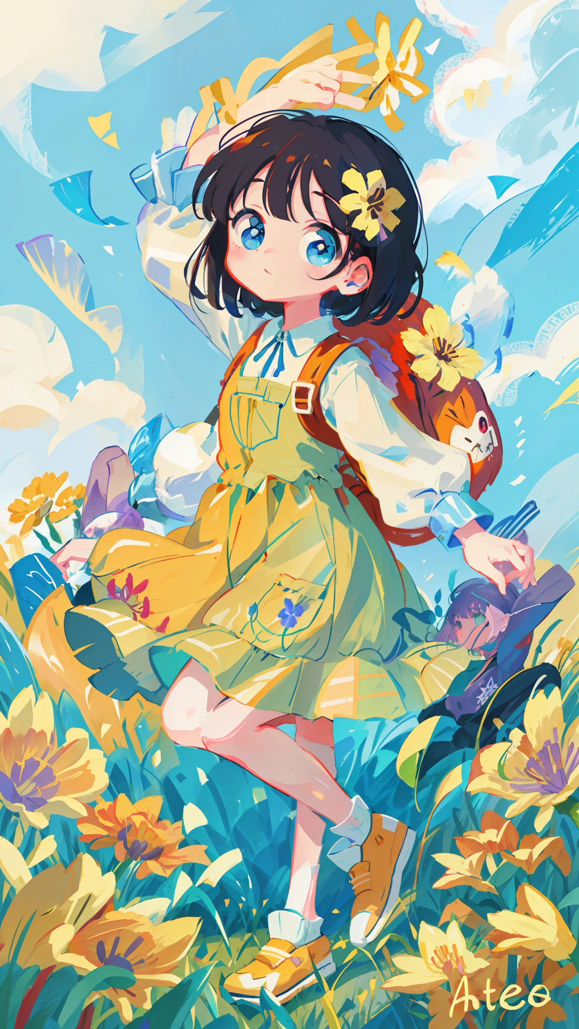 cartoon girl in a field of flowers with a backpack, childrens art in artstation, cute detailed digital art, cute art style, cute detailed artwork, adorable digital painting, girl in flowers, cute digital art, girl dancing in a flower field, full body portrait of a short!, girl in a flower field, a beautiful artwork illustration, girl jumping in a flower field