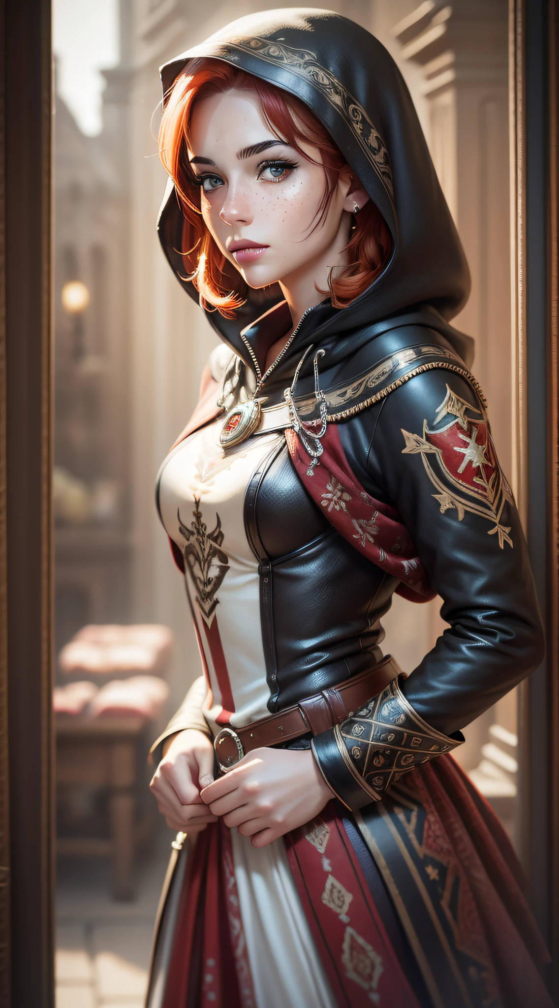 (realistic oil art, image up to the waist, 20-year-old princess, British, black eyes, vibrant look, redhead, short hair), ezio auditore tunic, hooded, black, brown, red details, ornaments, freckles on 10% of the cheekbone, perfect face, critical camera, blurred background, warm light, more details in clothing, strong leftovers, mystery pose