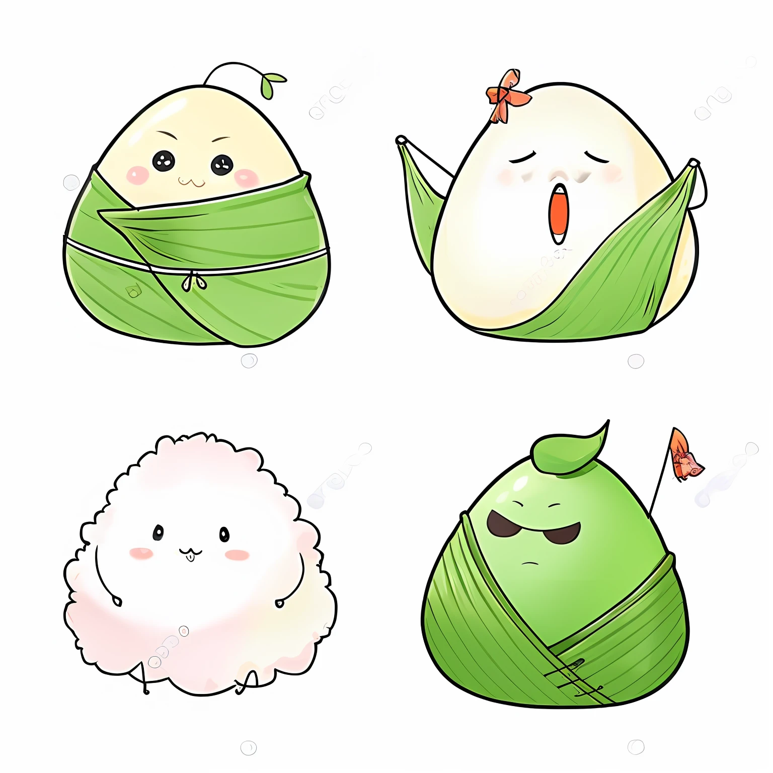 :3,; d, black_eyes, blush, blush sticker, zongzi, glutinous rice ball, no-humans, one_eye_closed, open_muth, simple_background, smile, ^_^ matsuno_choromatsu