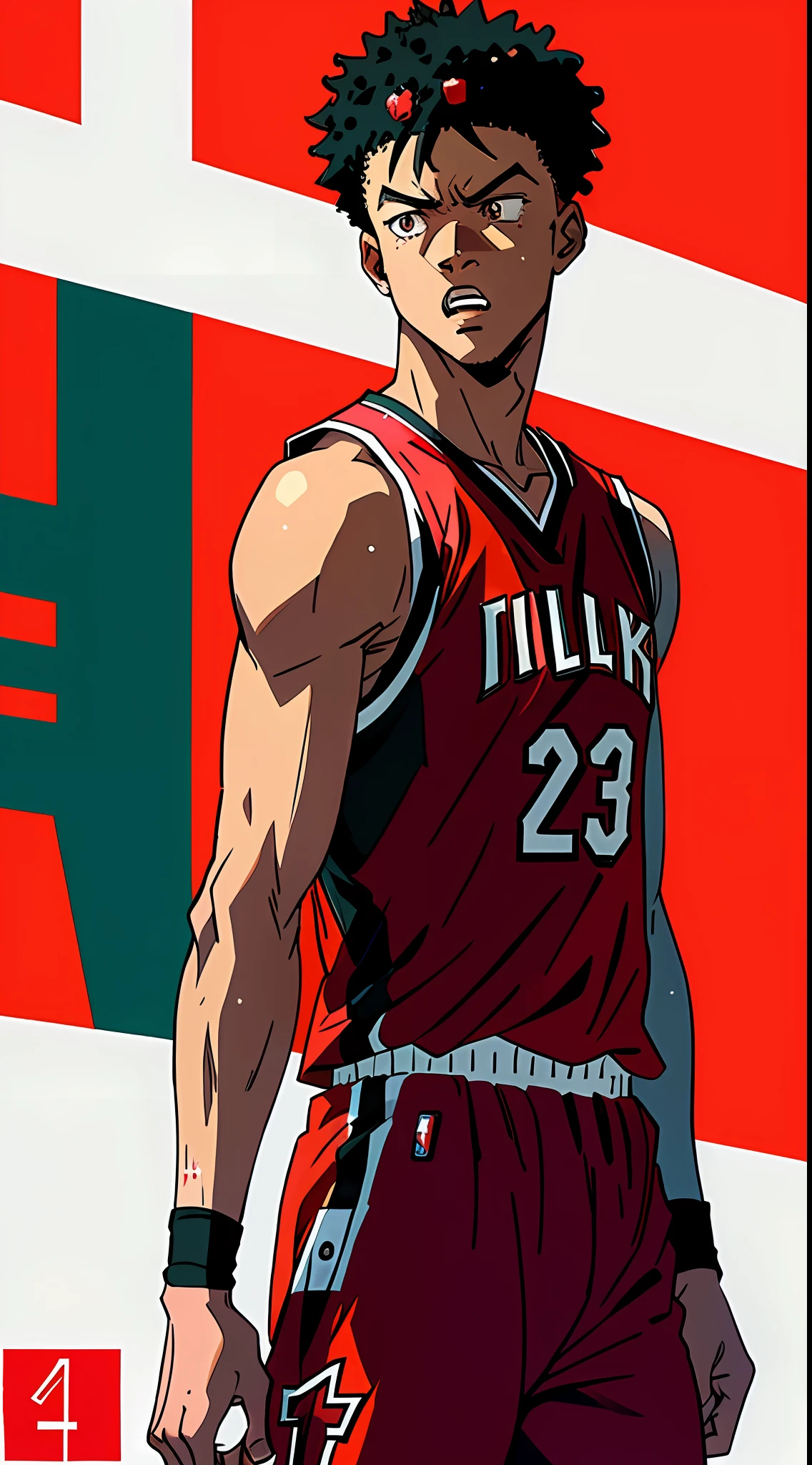 basketball player red shirt red shorts, sad, losing, crying, miami heat, manga, anime art high quality, 4k, nba, anger, sadness, head down, jimmy butler, scence of slam dunk