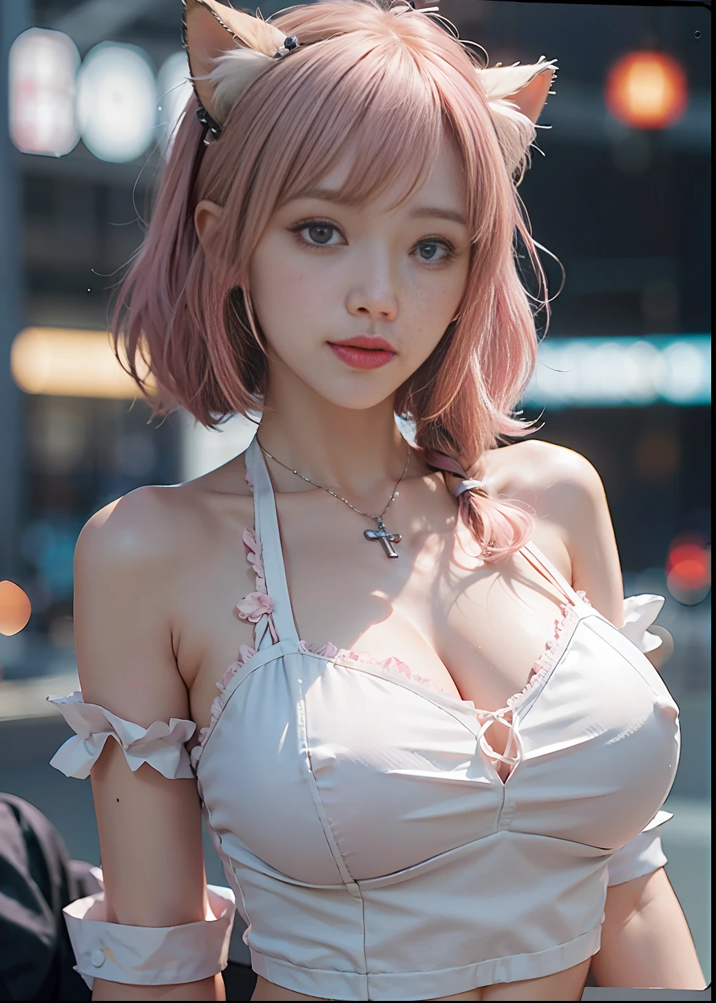 1girl, Real, Solo, (Masterpiece:1.2), Best Quality, remote_play, remote_vibrator,,I'm sweating,Naked,Huge,Blonde hair,Plum pastor piece, Best quality, (Photorealistic photo:1.4), ((1 girl)), Colossal tits, Masterpiece, Best quality, (Photo Real:1.4), ((1 girl)), cleavage, upper body, Close-up of face shot,cat ears, (ulzzang-6500-v1.1:1.0), cute, young, posing, watching viewer, cyberpunk, necklace, cross, Japan woman, very short, pink hair, white shirt, frilly maid costume, big blue eyes, neon street background, smile, plump