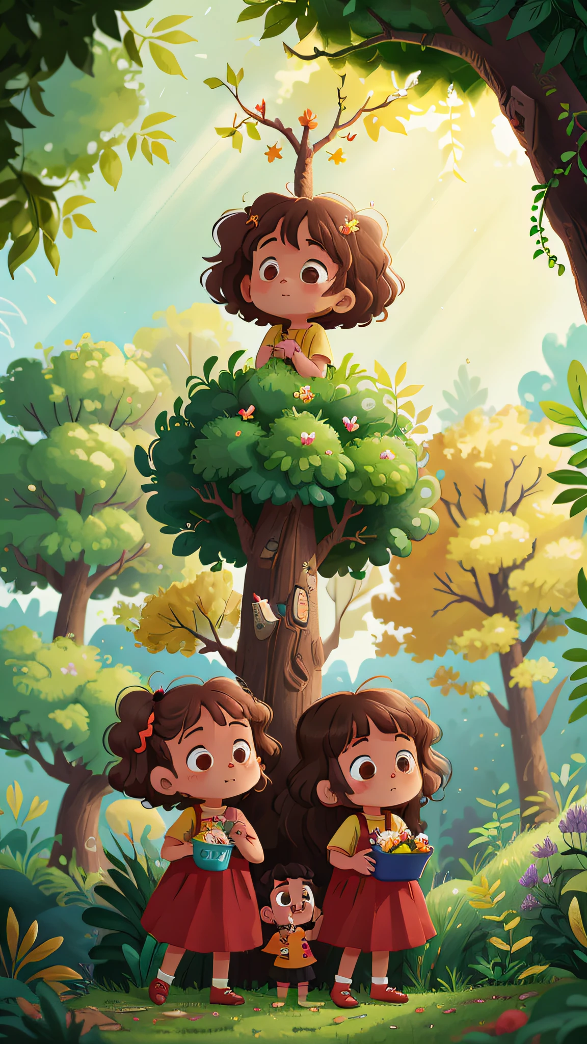 Two girls, twins, curly brown hair, planting a tree