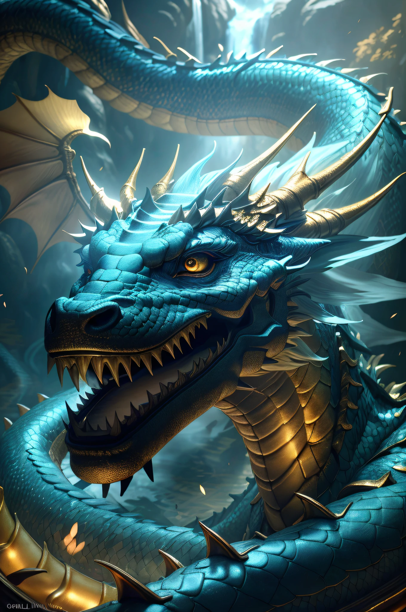 Masterpiece, top quality, Chinese fairy, 1 girl \ (li \) and gold and silver dragon, Chinese dragon pan, pan, dark gray background, glaring girl, (super detail)), 4K unity, (highly detailed CG: 1.2), (8k: 1.1), high resolution), (illustration: 1.1), (cinematic light: 1.1), fine-grained, intricate detail, (best illustration), 8K resolution, intricate detail, highest quality, realistic feeling, ultra detail, best illumination, best shadows, UltraHD, Cryengine, detailed reflections, detailed shadows, ((Complex detail)), smooth, ((Perfect shading)), High quality metal texture, metallic gloss, Highly detailed illustration, (Semi-realistic: 1.6), (Wide shot: 1.2), (from below, Dutch angle), (Beautiful eyes in detail: 1.1), (Lifelike body: 1.2), viewer watch, ((Golden Giant Dragon: 1.6)), (glowing eyes\[Magic Square of Eyes [yellow\]), silvery long hair, hairs between eyes, Sigma 135mm lens, (giant waterfall background),