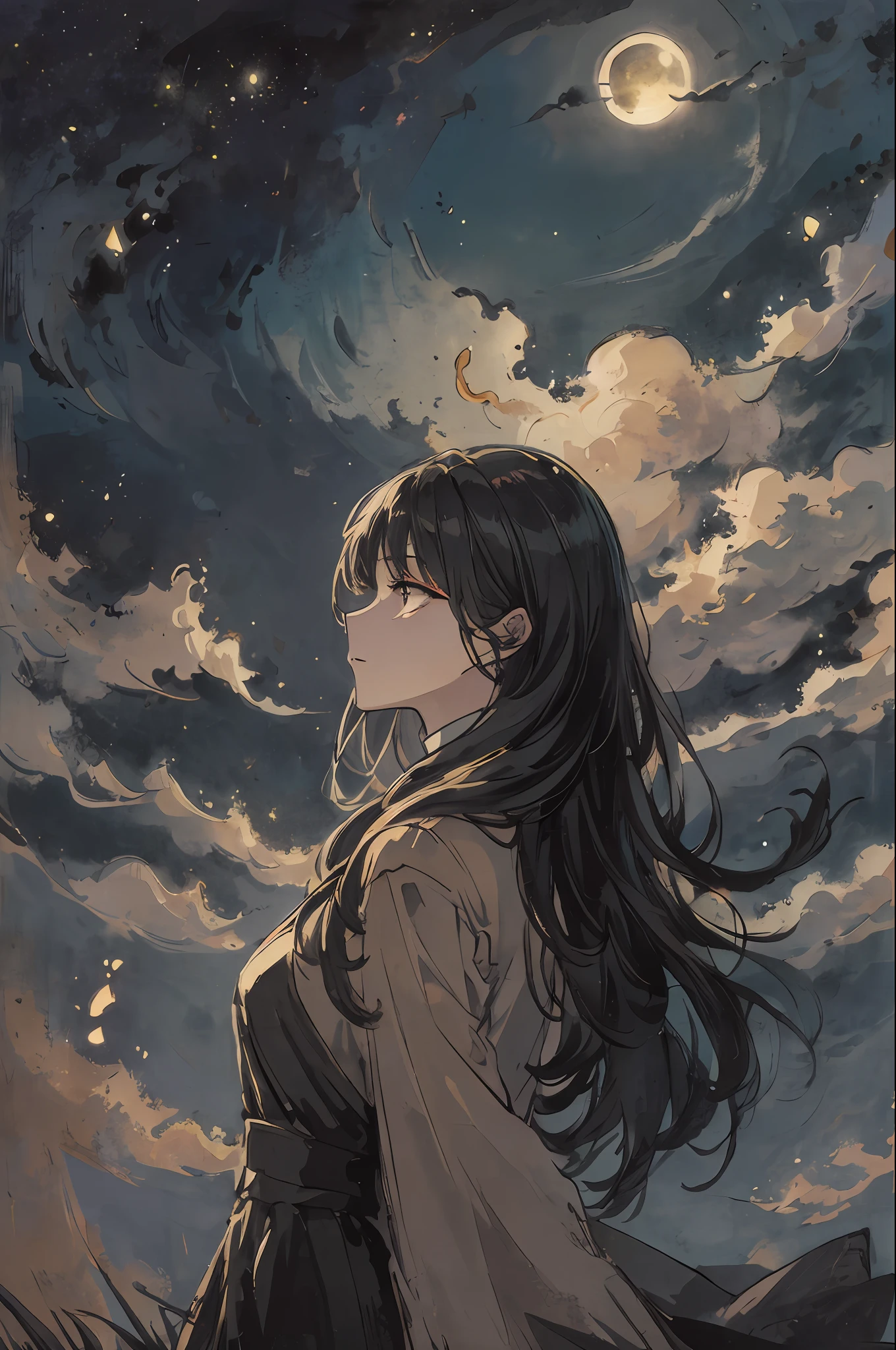 masterpiece, best quality, night, hill, clouds, full moon, long hair, woman, silhouette, fireflies.