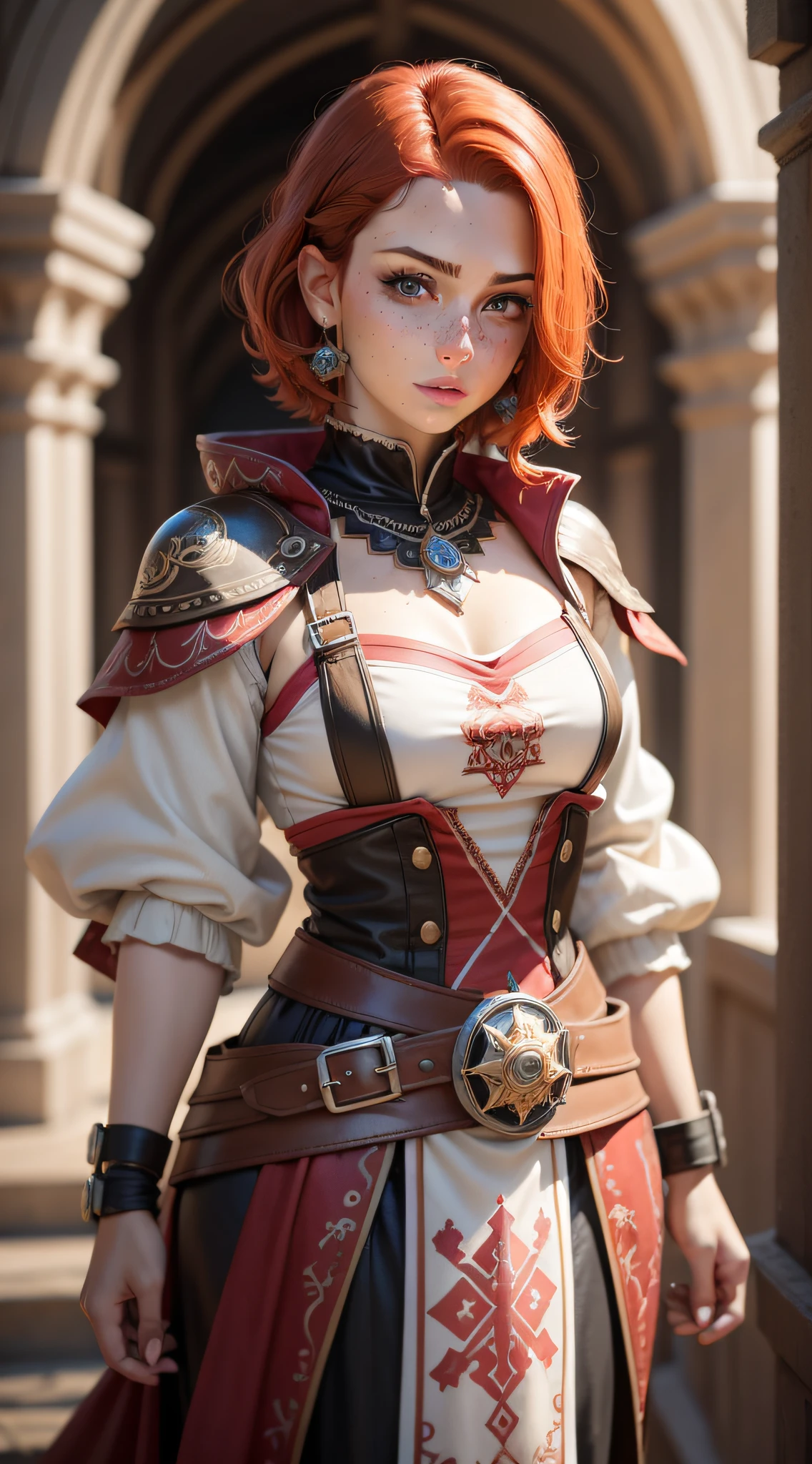 (realistic oil art, image up to the waist, 20-year-old princess, British, black eyes, vibrant look, redhead, short hair), tunic ezio auditore, black, brown, red details, ornaments, freckles on 10% of the cheekbone, perfect face, critical camera, blurred background, warm light, more details in clothing, strong leftovers, mystery pose