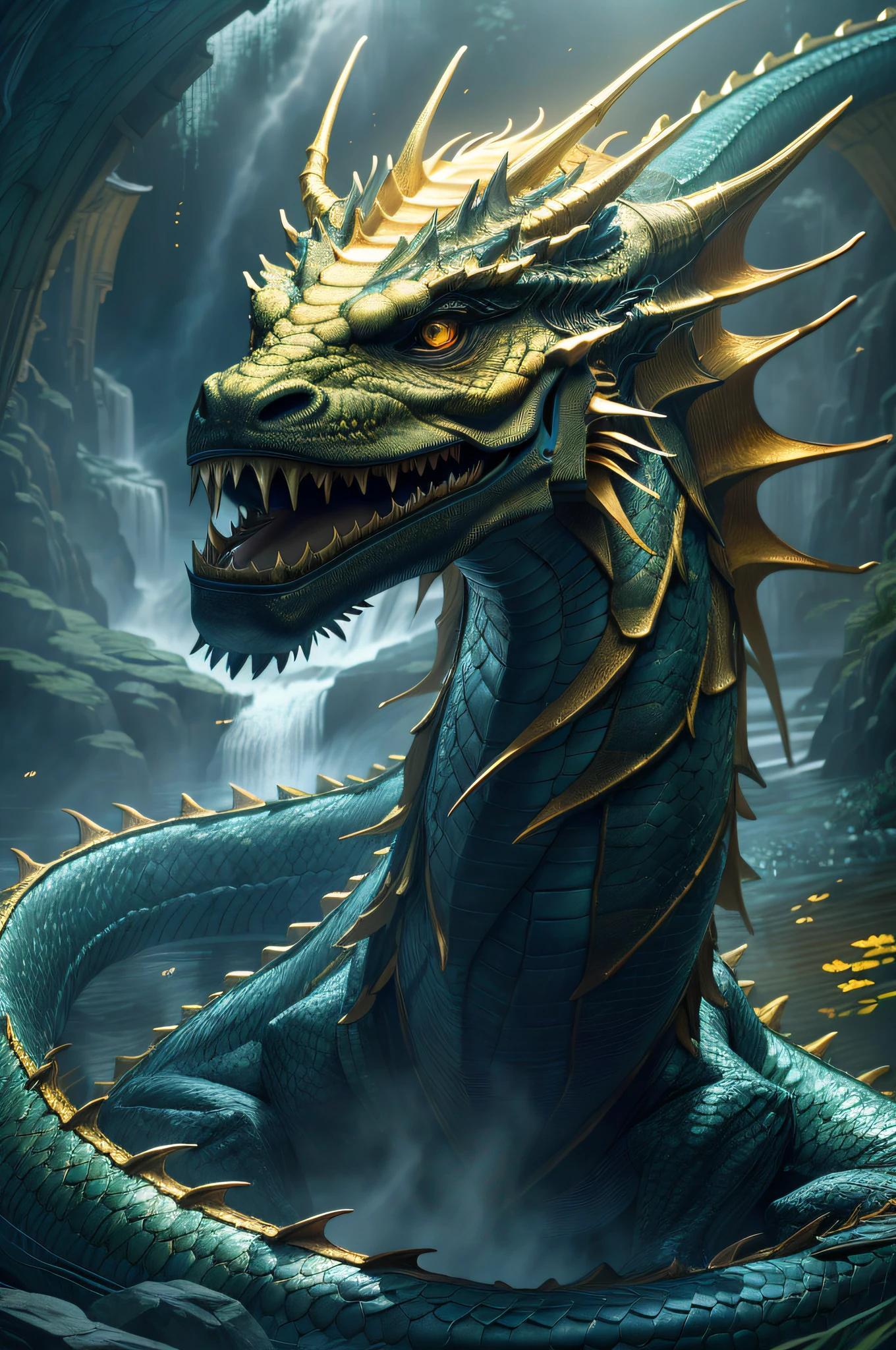 Masterpiece, top quality, Chinese fairy, 1 girl \ (loli \) and gold and silver dragon, Chinese dragon pan, pan, dark gray background, glaring girl, (super detail)), 4K unity, (highly detailed CG: 1.2), (8k: 1.1), high resolution), (illustration: 1.1), (cinematic light: 1.1), fine-grained, intricate detail, (best illustration), 8K resolution, intricate detail, highest quality, realistic feeling, ultra detail, best illumination, best shadows, UltraHD, Cryengine, detailed reflections, detailed shadows, ((Complex detail)), smooth, ((Perfect shading)), High quality metal texture, metallic gloss, Highly detailed illustration, (Semi-realistic: 1.6), (Wide shot: 1.2), (from below, Dutch angle), (Beautiful eyes in detail: 1.1), (Lifelike body: 1.2), viewer watch, ((Golden Giant Dragon: 1.6)), (glowing eyes\[Magic Square of Eyes [yellow\]), silvery long hair, hairs between eyes, Sigma 135mm lens, (giant waterfall background),