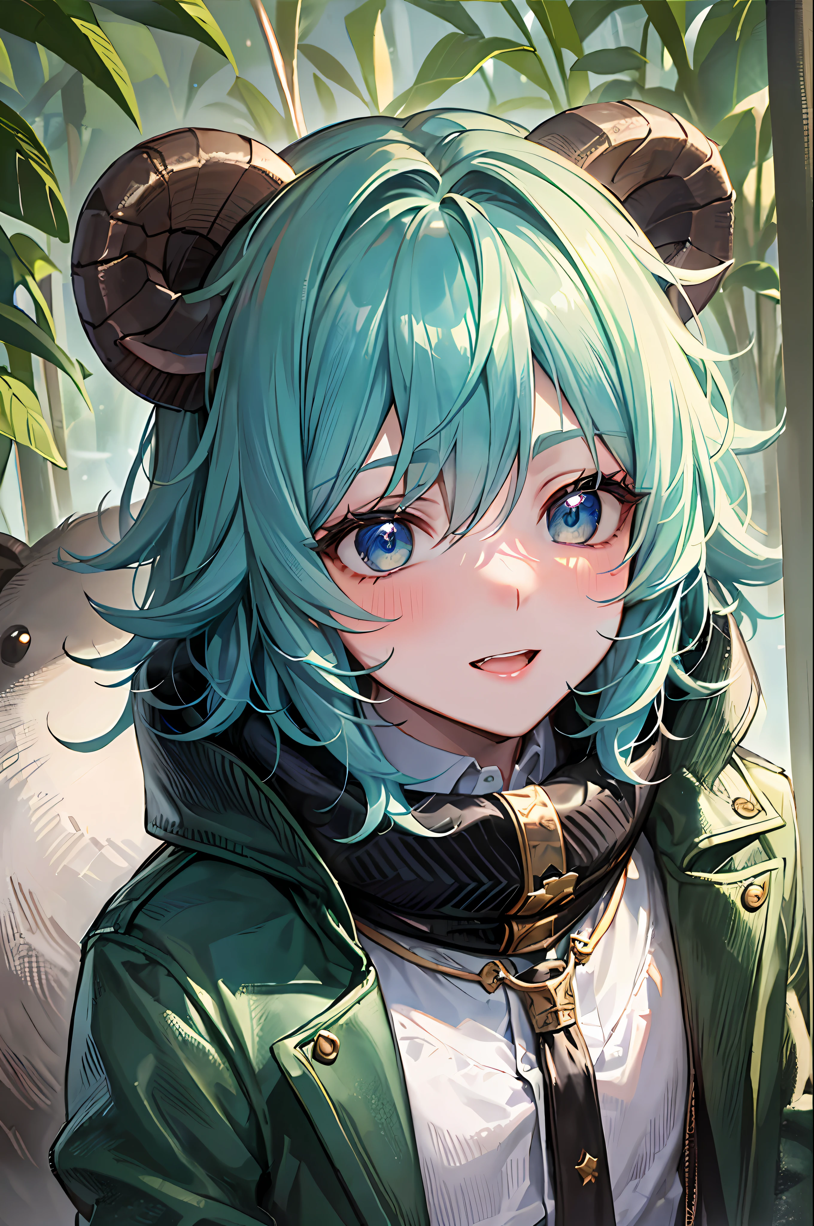 Top quality, serious, (night: 1.4), a -yeld maas short green hair and big eyes, wears a dark blue coat with fur, there is a big sheep next to him, blush, white breath comes out of a slightly open mouth, a little smile, it is winter with bright snow in the moonlight, forest