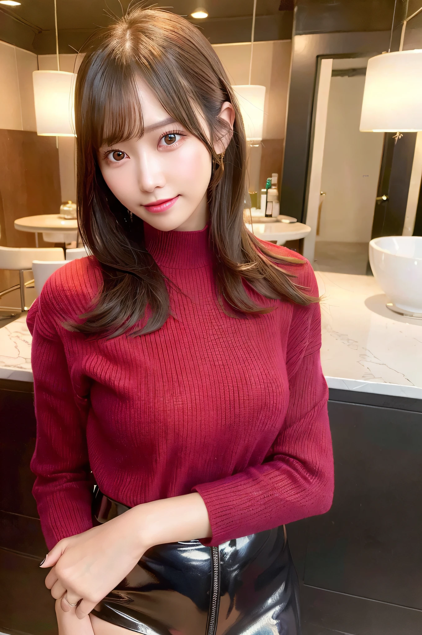 1girl, (best quality, masterpiece, ultra high resolution),(photorealistic:1.3), short hair,(realistic:1.3),(long legs:1.3), (closed mouth), (light smile:1.2), (red sweater_dress:1.2), (upper body:1.2), (black shiny pantyhose:1.2),(day:1.3), (bright lights:1.3), indoors, busty, (cowboy shot:1.2), dynamic pose, vivacious and seductive,(standing), (slender), (slender legs), (busty:1.2), (facing to the side), shiny skin,