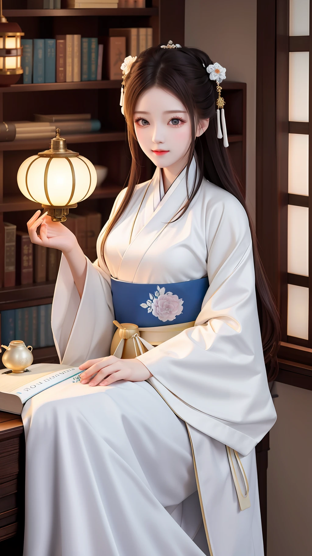 High quality, masterpiece, high resolution, 1 female, beauty, Hanfu, white robes, indoor, holding books, bookcase, oil lamp, warm light