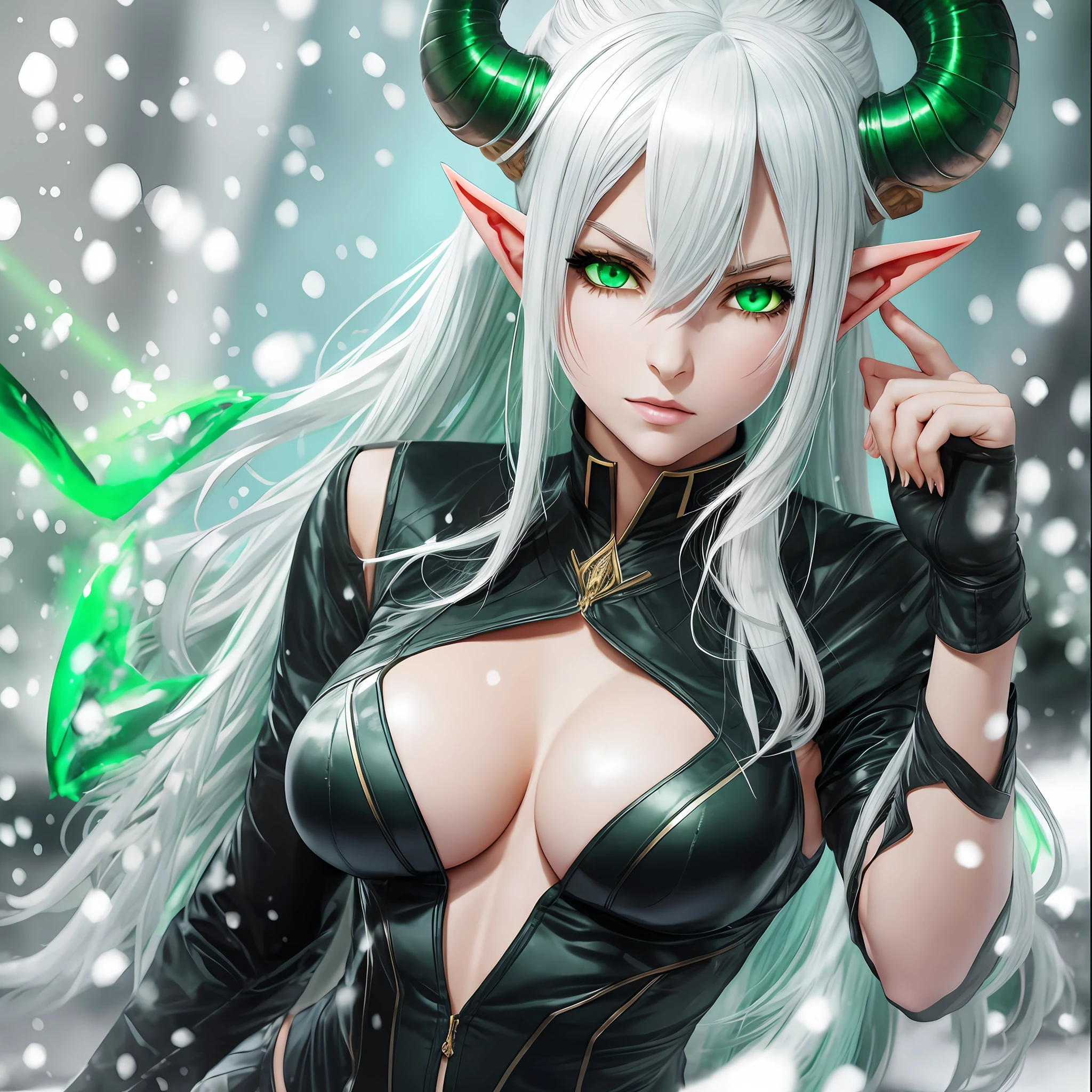 1 Woman, wearing suit, big breasts, green eyes, oni horns, elf ears, white hair, snow field --auto --s2