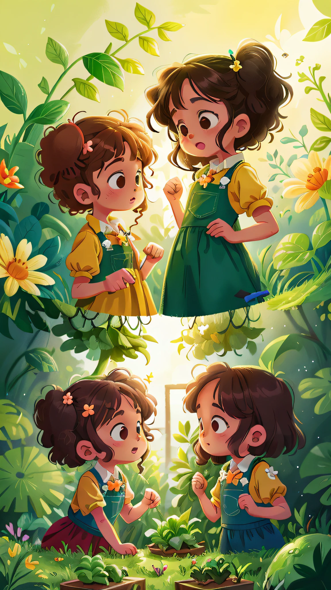 Two girls, twins, curly brown hair, tended to a lettuce garden