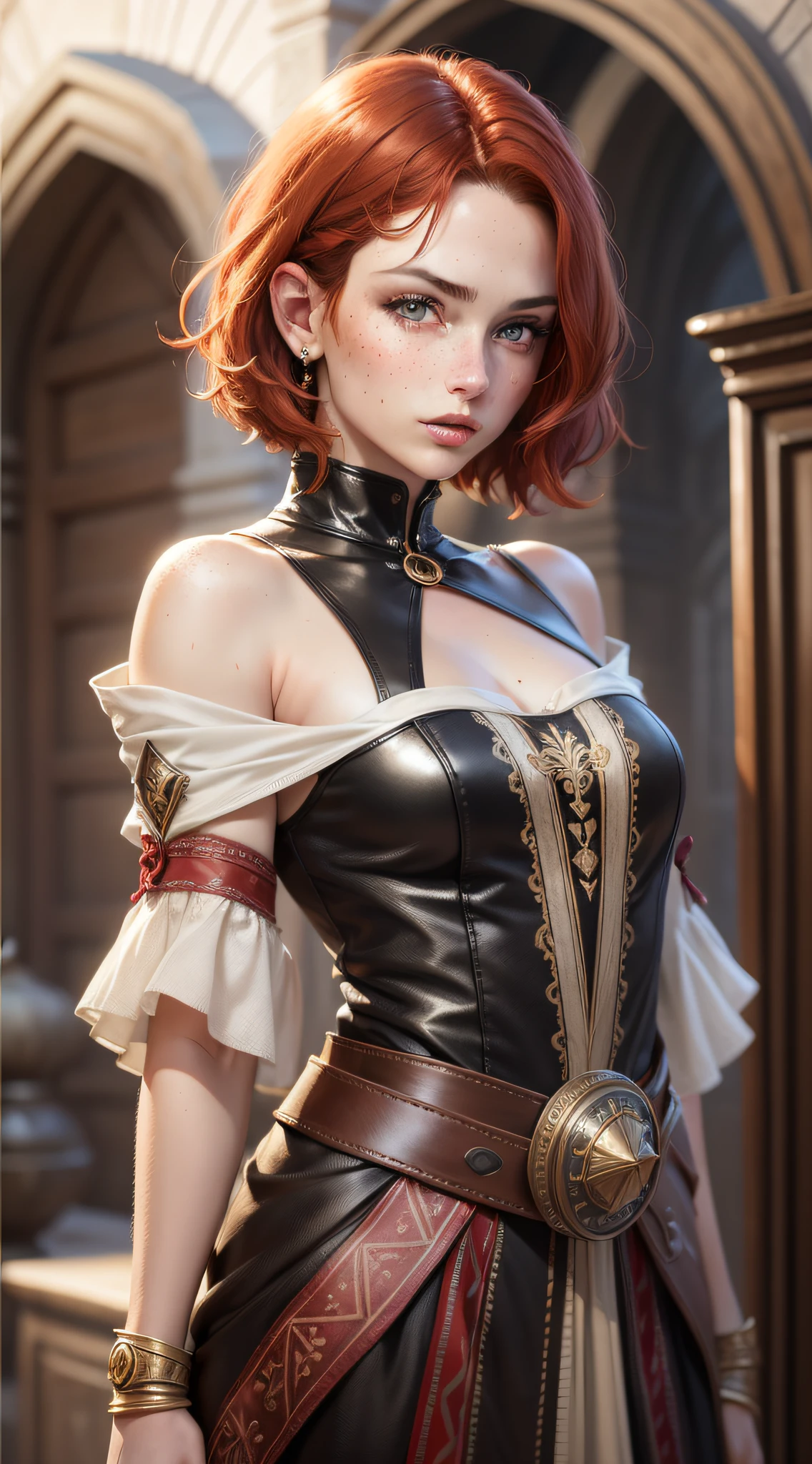 (realistic oil art, image up to the waist, 20-year-old princess, British, black eyes, vibrant look, redhead, short hair), tunic ezio auditore, black, brown, red details, ornaments, freckles on 10% of the cheekbone, perfect face, critical camera, blurred background, warm light, more details in clothing, strong leftovers, mystery pose