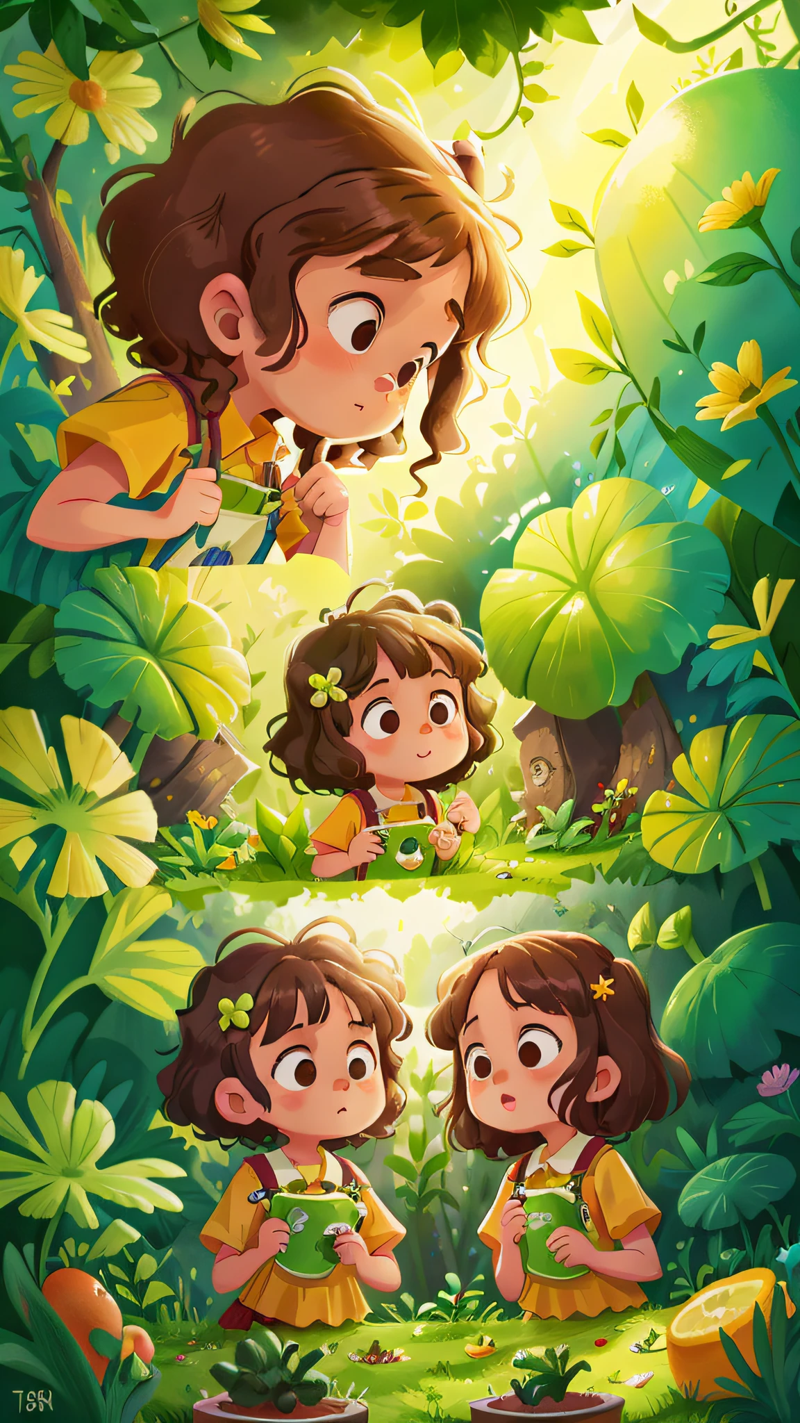 Two girls, twins, curly brown hair, tended to a lettuce garden
