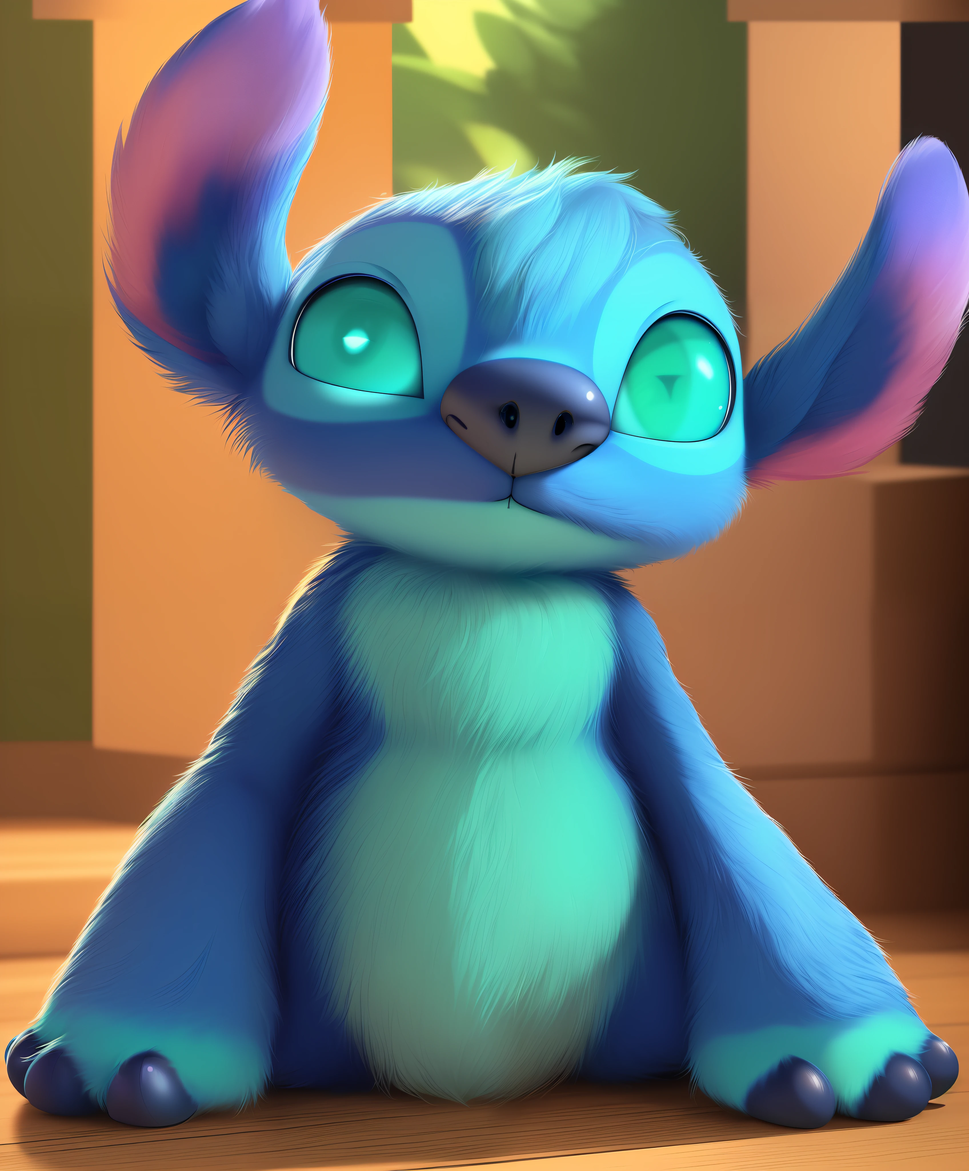 3d render, hq, stitchdisney, cute, chibi, solo, biped (alien:1.3),high res, (detailed realistic image:1.4), (detailed eyes, beautiful expressive eyes, green eyes:1.2), impasto impressionism, insane details, soft, (hyper realistic fur:1.3), (detailed fur:1.2), (fur covered body:1.2), (male:1), (canine features:0.5), (expressive face, detailed face:1.3), (realistic:1.3), (photorealistic, photo-realistic:1.2), full color, (3d:1), (highly detailed:1.2), masterpiece, 8k uhd, cinematic lighting, (full-length portrait:1.3), (slightly chubby:0.8), blue fur, markings