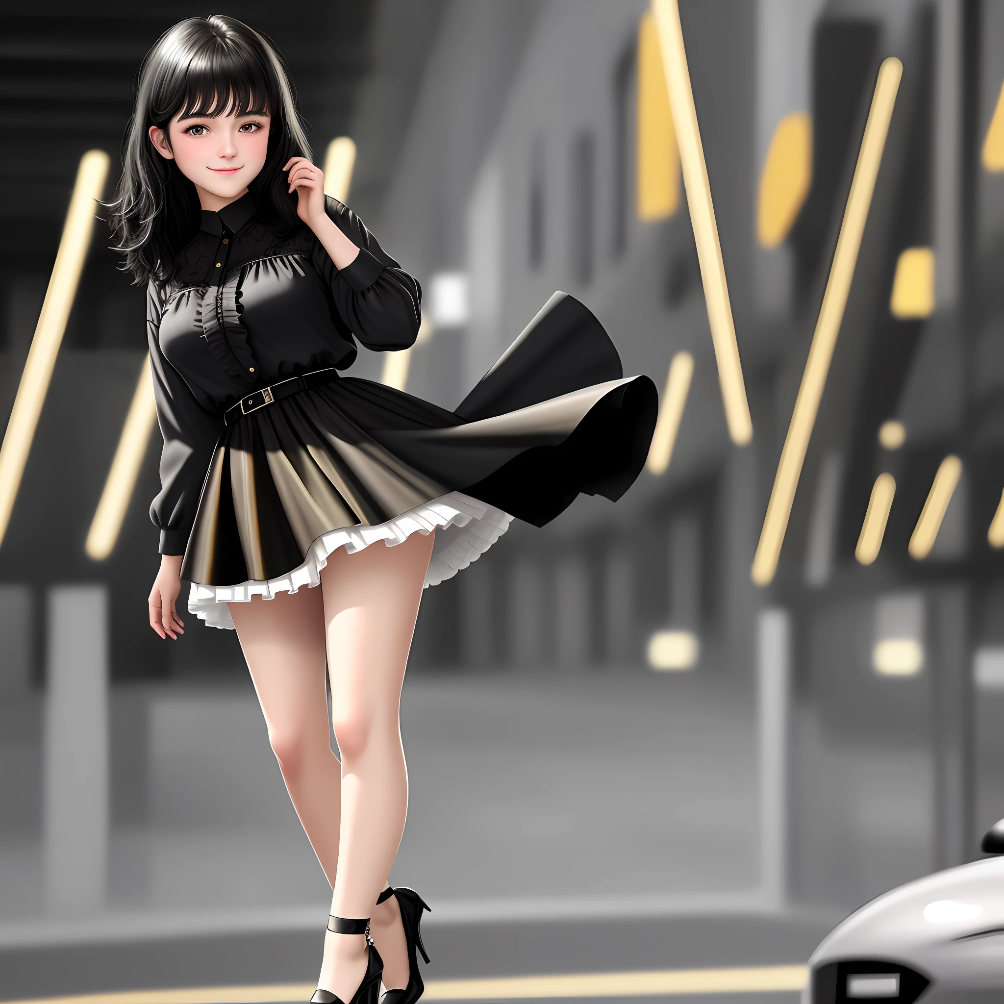 black hair, Irish girl, wearing blouse and short skirt, smelling, embarrassed, closed mouth, seductive smile, full body display, colourful dress, smelling, embarrassed, closed mouth, seductive smile, Surrealism, 8k, super detail, 16k, UHD, super detail, high details, high quality, best quality, 1080P, HD, UHD, super detail, high details, high quality, best quality, 1080P, HD, wearing high heels