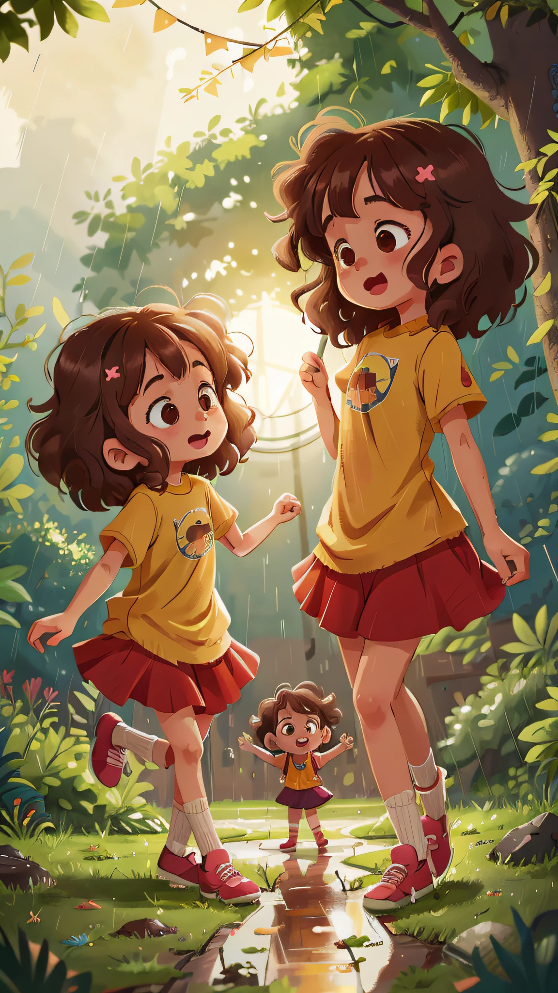 Two girls, twins, curly brown hair, in the rain playing and dancing