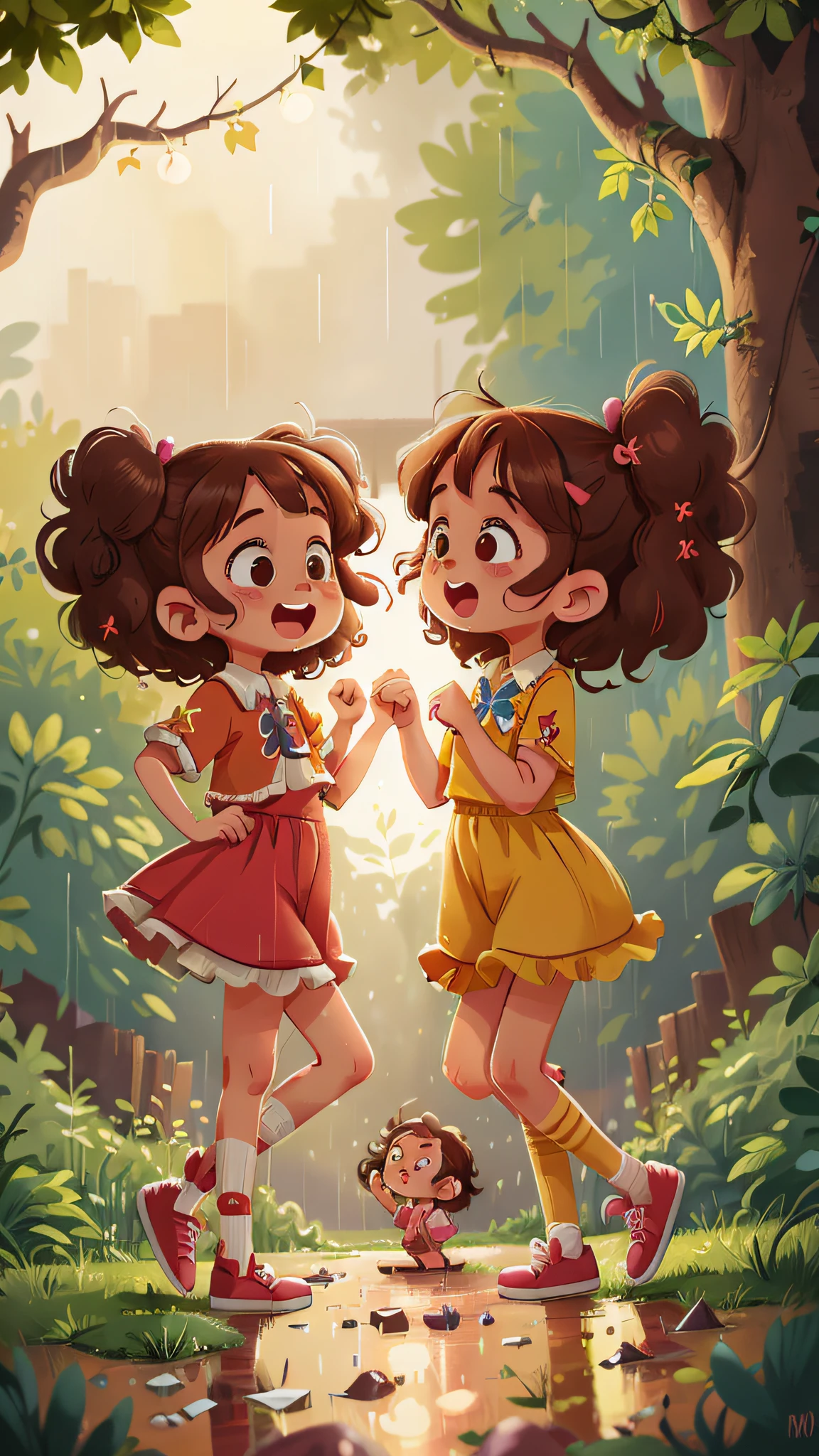 Two girls, twins, curly brown hair, in the rain playing and dancing