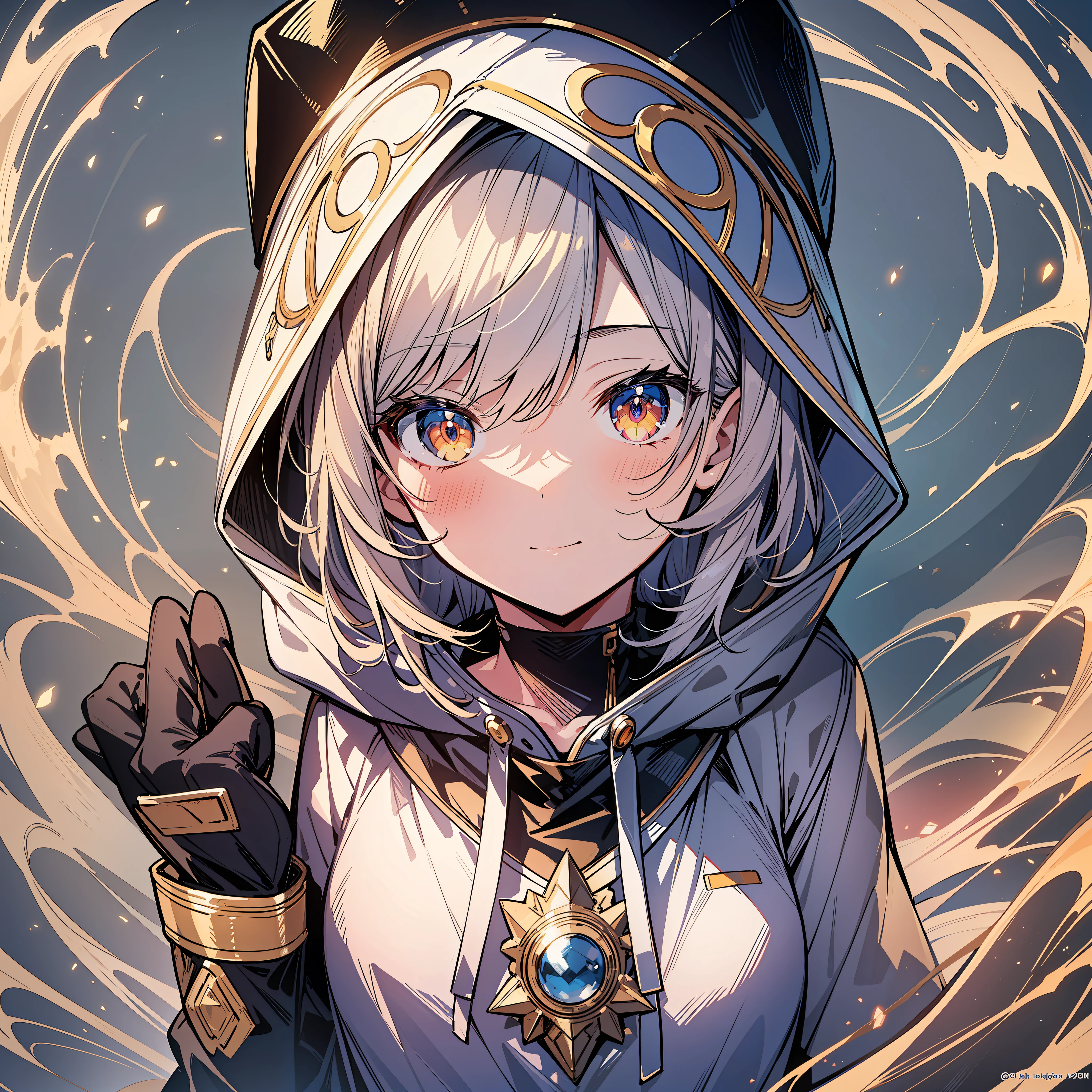 Top Quality, Masterpiece, High Resolution, 8k, Hoodie and Anime Style Girl, One Girl, Detailed Line Art, Bright White and Bright Amber Style, Digital Enhancement, Close Up, Anime Core, Flowing Fabric