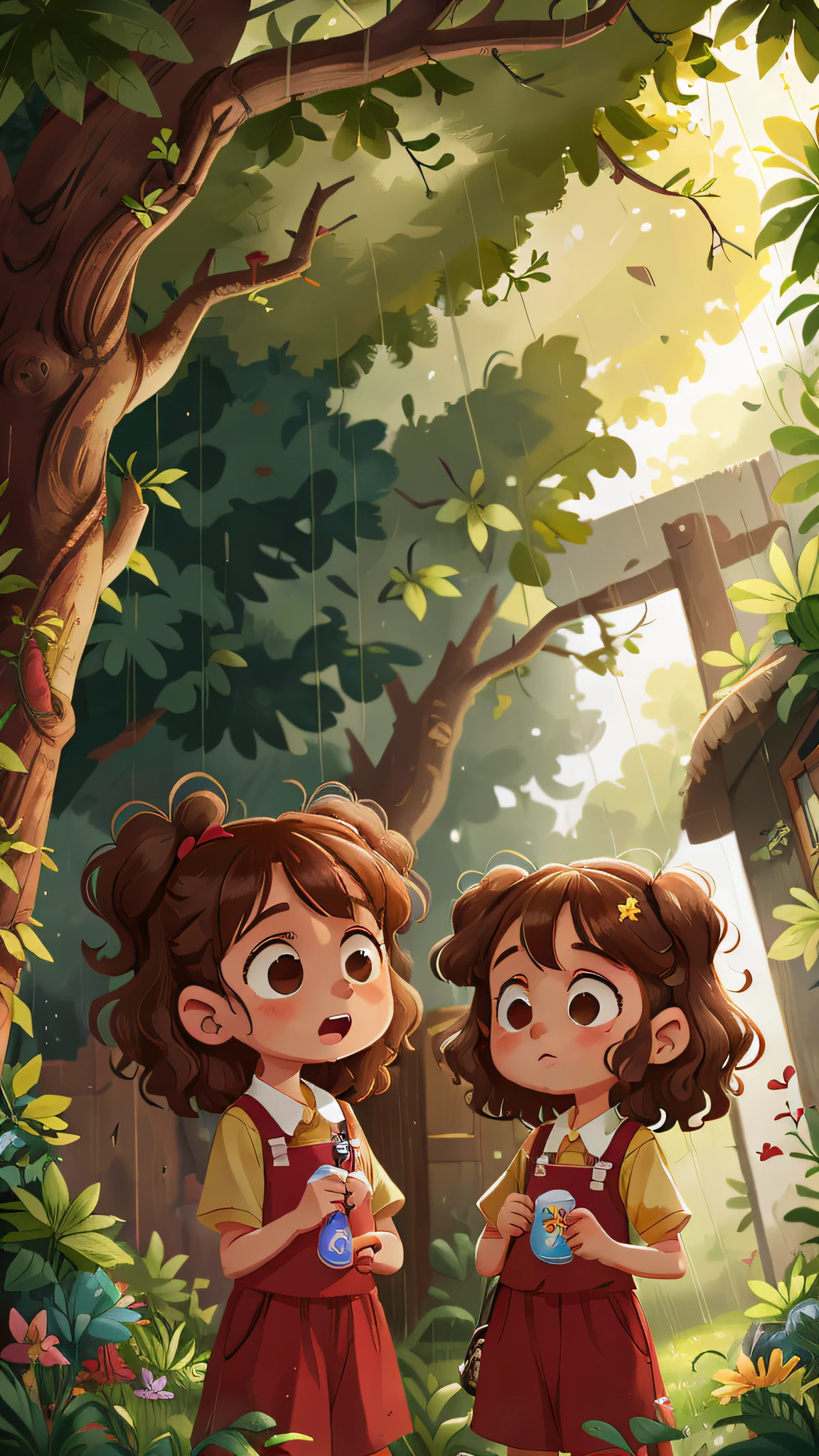 Two girls, twins, curly brown hair, taking a rain shower]