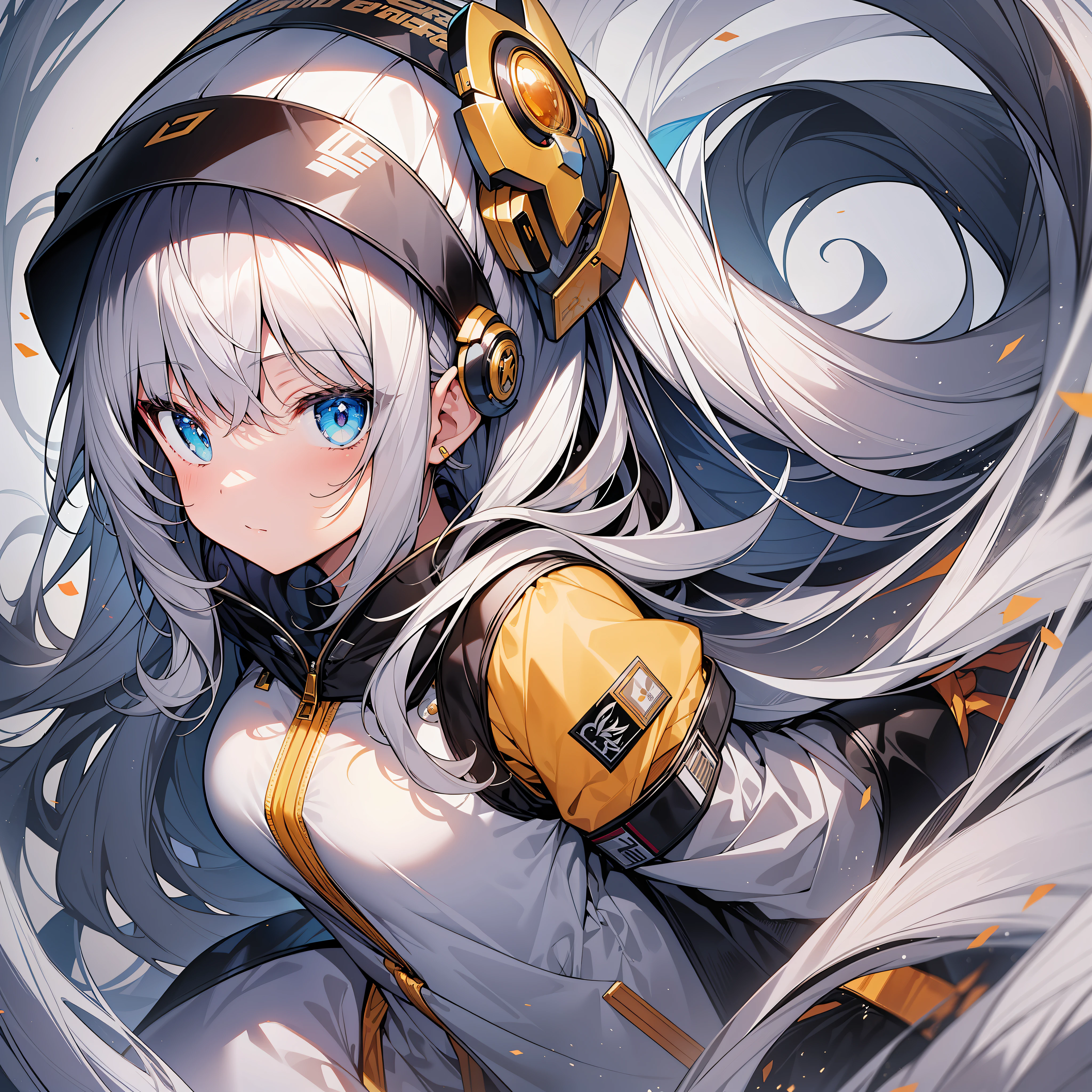 Top Quality, Masterpiece, High Resolution, 8k, Hoodie and Anime Style Girl, One Girl, Detailed Line Art, Bright White and Bright Amber Style, Digital Enhancement, Close Up, Anime Core, Flowing Fabric