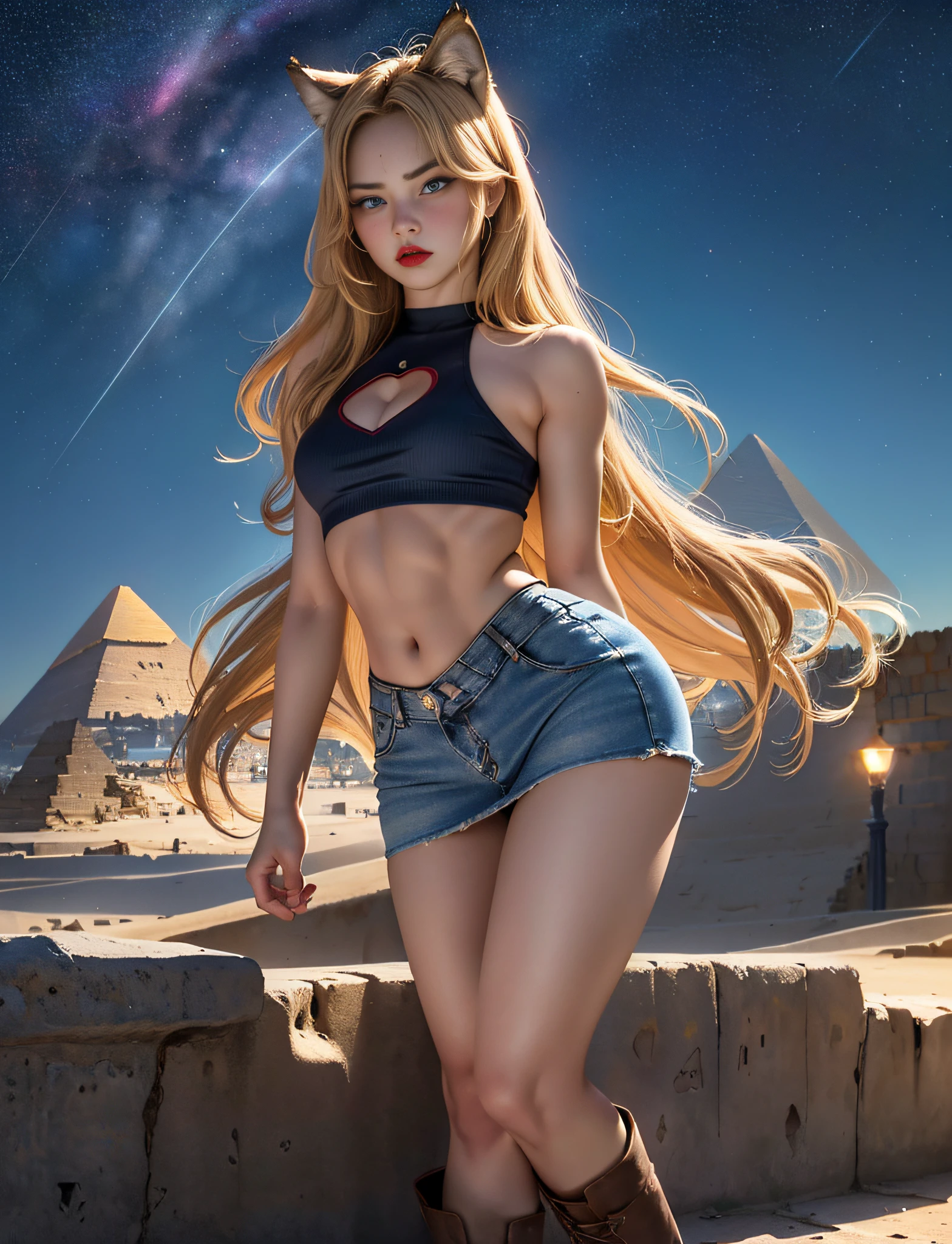 (very detailed RAW color photo), (1 girl), (alone), (15 years), (loli), (athletic), (very defined toned physique), (very defined and beautiful muscular body), (very detailed perfect body), (small and defined breasts), (ultra defined curves), (superior quality, 8k, masterpiece: 1.3), (sharp focus: 1.2), (extremely beautiful girl with perfect figure: 1.4), (very thin waist: 1.2), (ultra detailed skin texture), (perfect and beautiful hands), (smooth and soft skin), (ultra detailed fabric texture), (extremely beautiful ultra detailed face), (perfect butt), (she is wearing a tight summer t-shirt and a denim skirt with ankle boots), (extremely long curly blonde hair), (extra long mane with bangs), (very detailed and beautiful wolf ears), (hair on the face), (Hair Ribbon), Dynamic Pose, (Uniform Leaves Thighs Exposed), (Ultra Detailed and Toned Legs), ((Very Wide Hips)), ((Very Thick and Toned Thighs)), ((Sexy), ((Extreme Hourglass Figure)), ((Very Thick Heart Lips)), ((Red Lipstick)), ((Blue Eyes)), (((Angry Look)), (Blush), (Makeup), (Ultra Defined Waist), Eye Shadow, (Full Body Shot), with the pyramids of Giza in the background, pyramids behind, very detailed starry sky, desert, stars