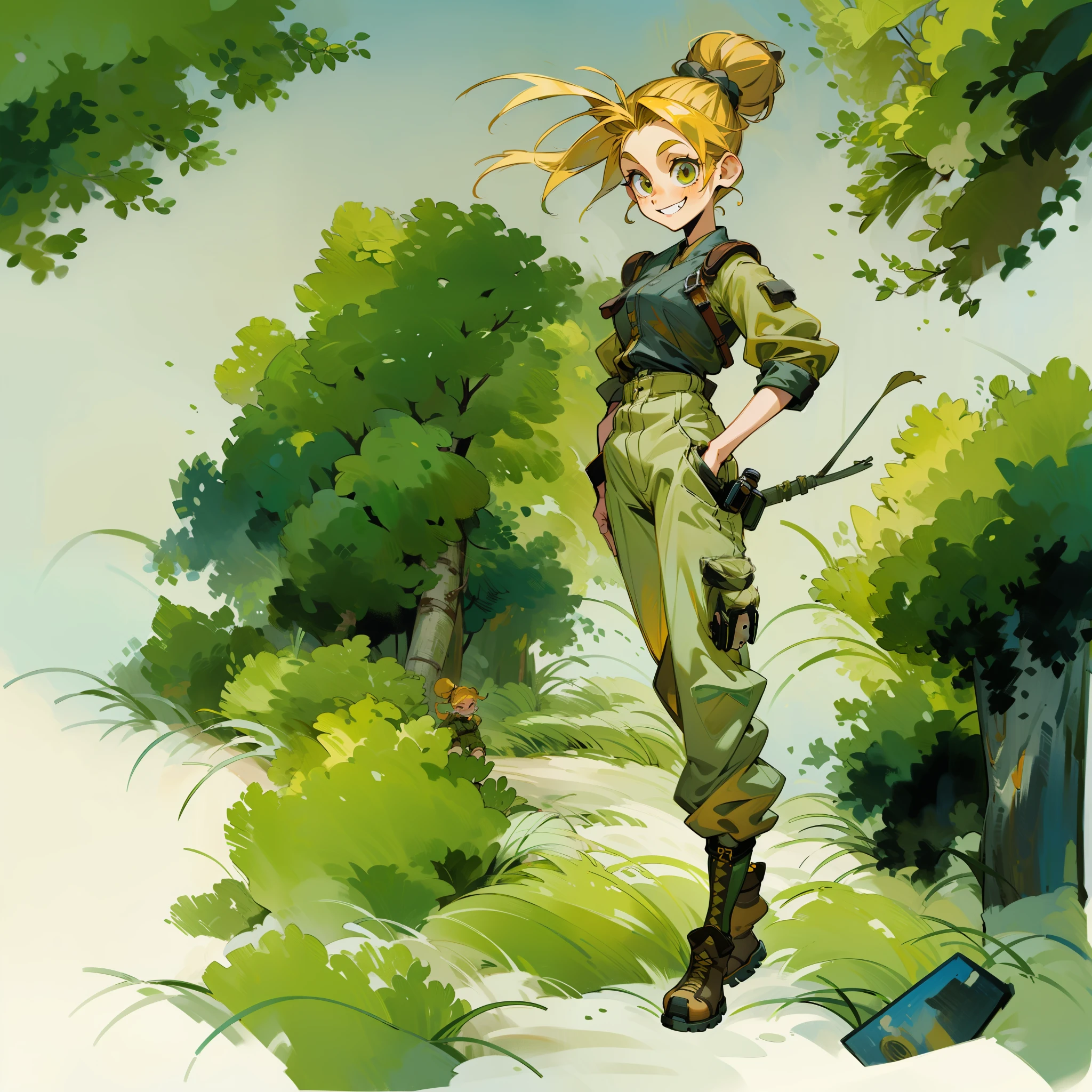 (masterpiece, best quality, extremely detailed) female, mature, slender, noona, adventurer (Appearance: rustic yellow hair, double top knot hairstyles) (Accecories: Khaki Cargo Pants, Hiking Boots,) ,full body , standing_pose, looking at camera, fun smile expression, fun