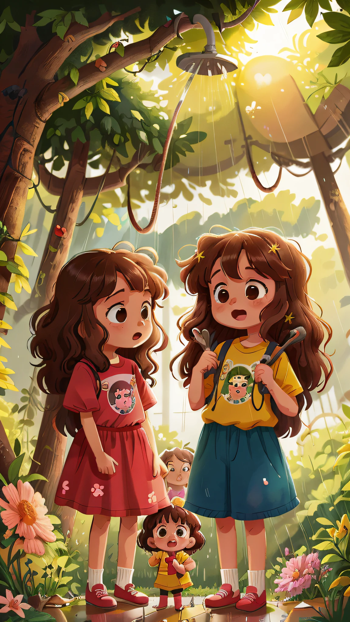 Two girls, twins, curly brown hair, taking a rain shower]