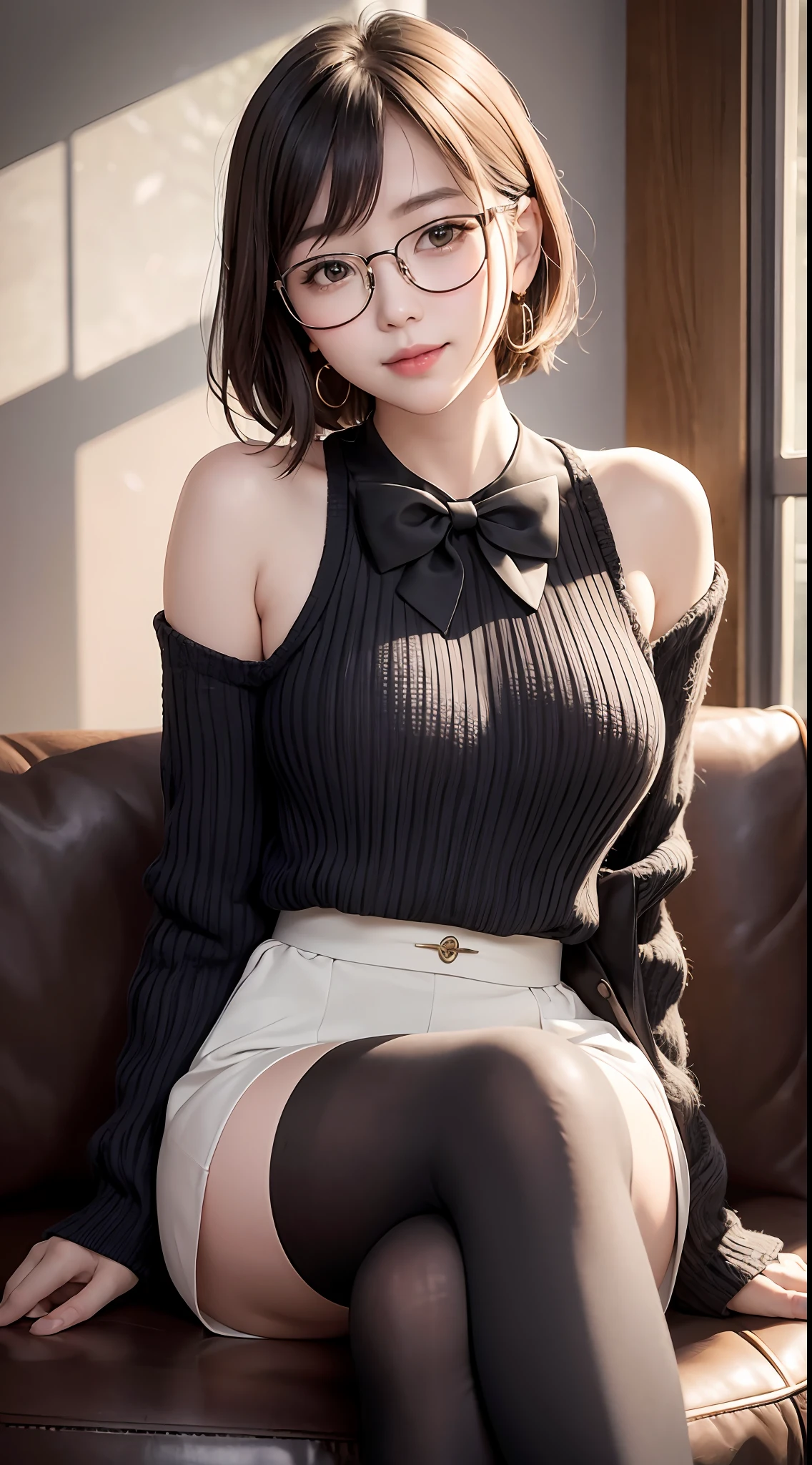cinematic light, Intricate details, beautiful sunny, Korean girl, (in café: 1.5) , dimples, short hair, (round)glasses, looking at away, detailed trees, neck ribbon, bow tie, bare shoulders, ((loose)) ribbed sweater, earrings, high-waisted pencil skirt, headrest, sitting, indoor, Necklace, black pantyhose, sheet transport sweater, (smile), (full body: 1.6), slender, (NSFW: 1.33)