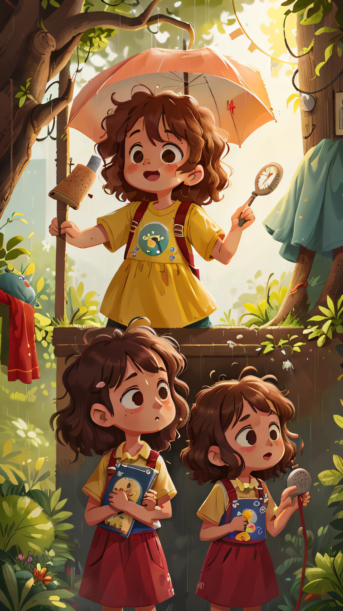 Two girls, twins, curly brown hair, taking a rain shower]