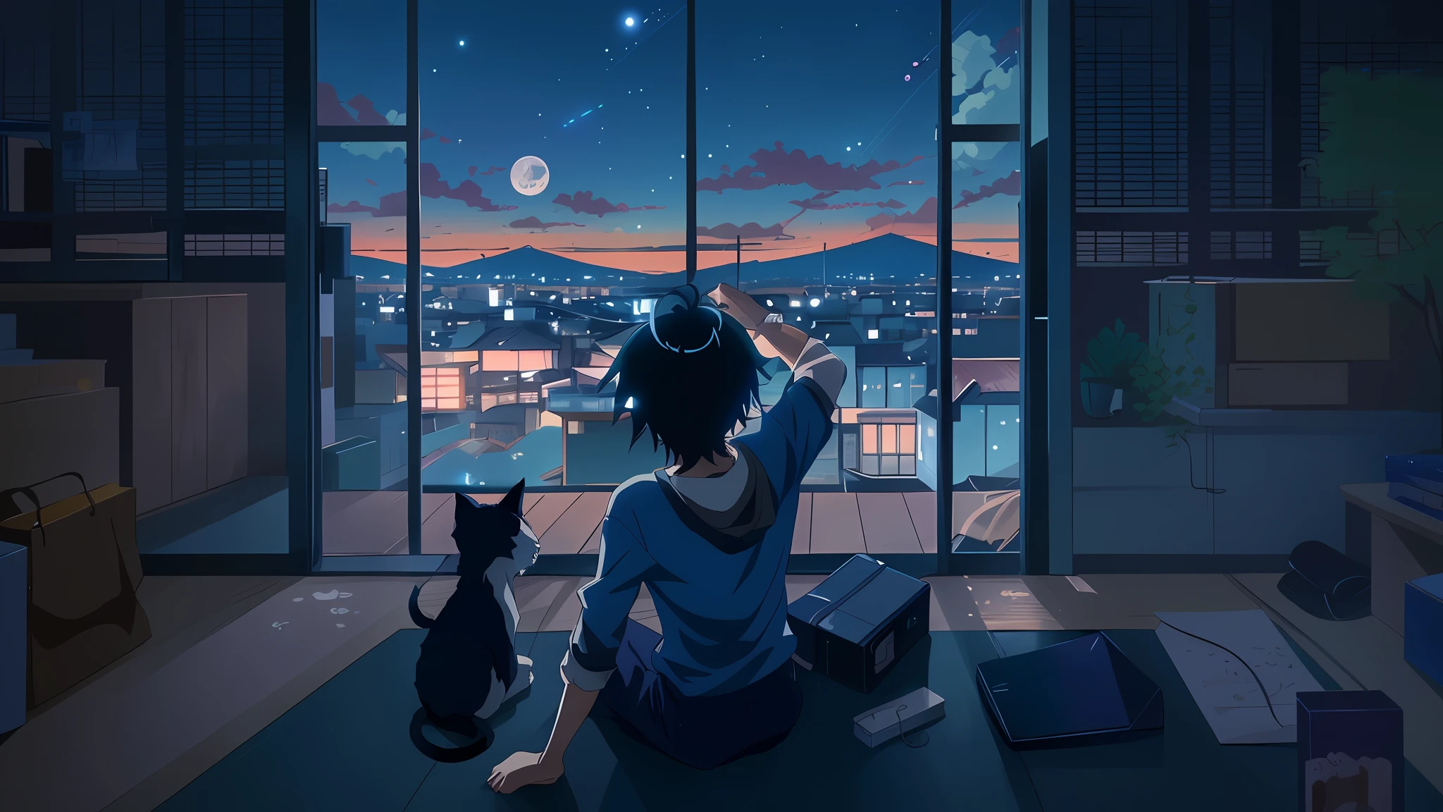 Anime boy sitting on the floor with cat looking out the window at night and dog lying next to him, watching shooting stars. anime, anime art wallpaper 4k, anime art wallpaper 4k, anime style 4k, anime art wallpaper 8k, anime wallpaper, anime wallpaper 4k, anime wallpaper 4k, anime wallpaper 4k, Shinkai Makoto Cyril Rolando, anime background, 4k manga wallpaper
