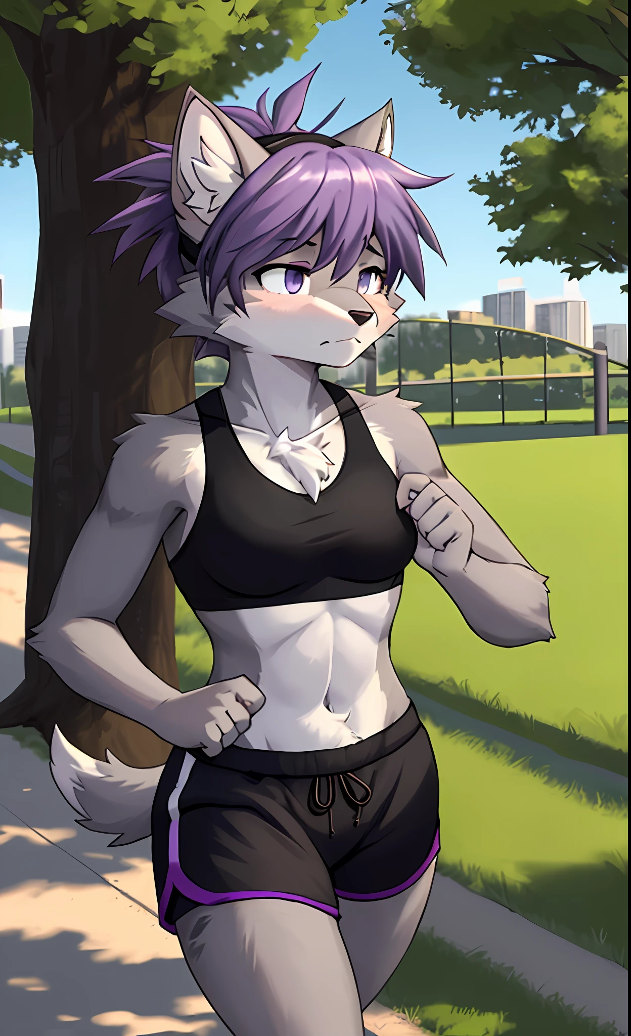Furry girl, alone, 1girl, catgirl furry, running in a park, her body is covered full of fur, gray fur, wearing a purple sports bra, wearing black sports shorts, small female breasts, her hands form fists, tired, sighing.