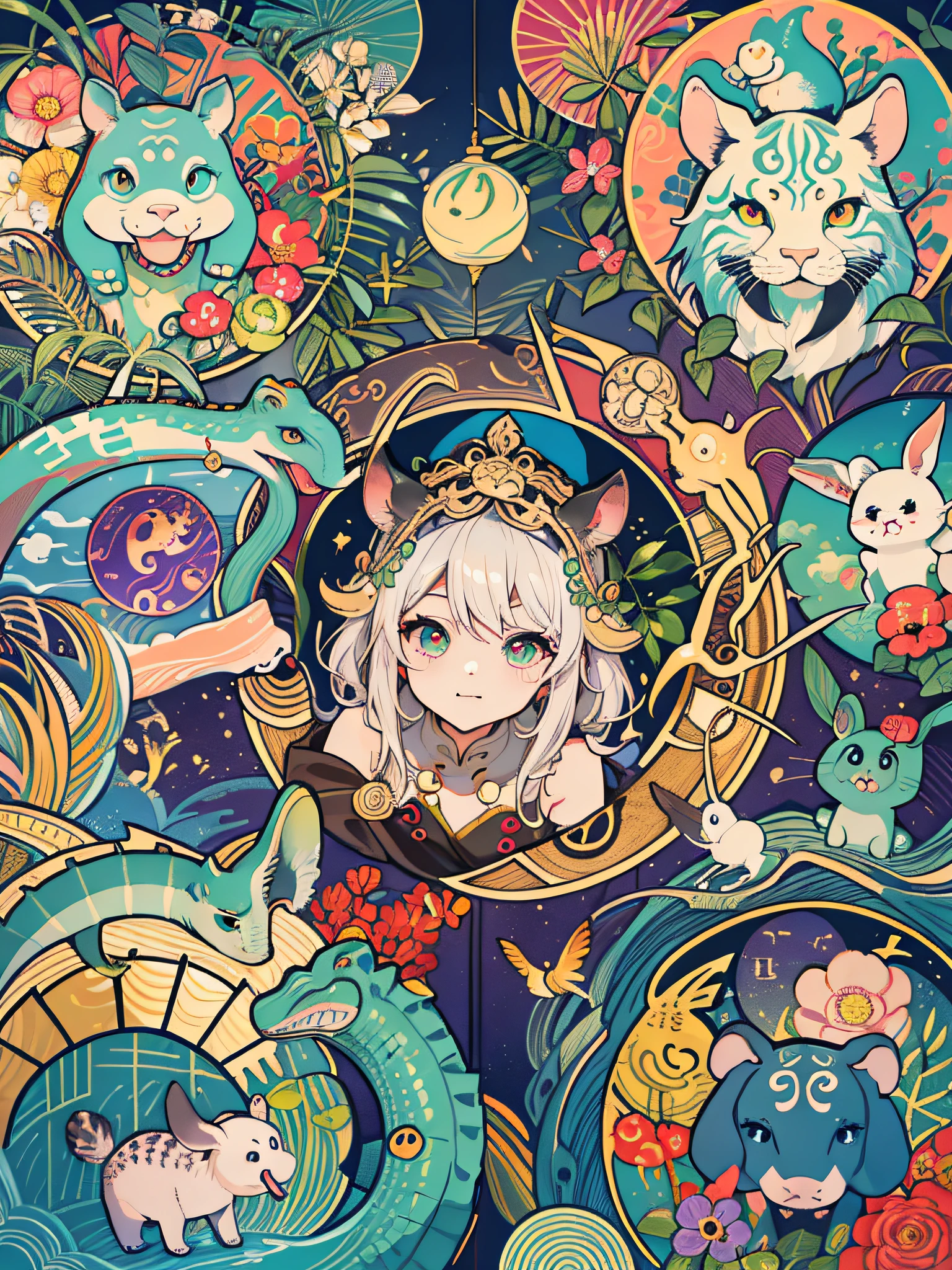 There are many different animal motifs in this photo, elephant, crocodile, rabbit and other animal patterns, cute, hand drawn illustration, colorful, Wang Chen, crocodile Loki, ƒ5.6,🦩🪐🐞👩🏻🦳; 🌞🌄 , code, 🪔 🎨 metaverse