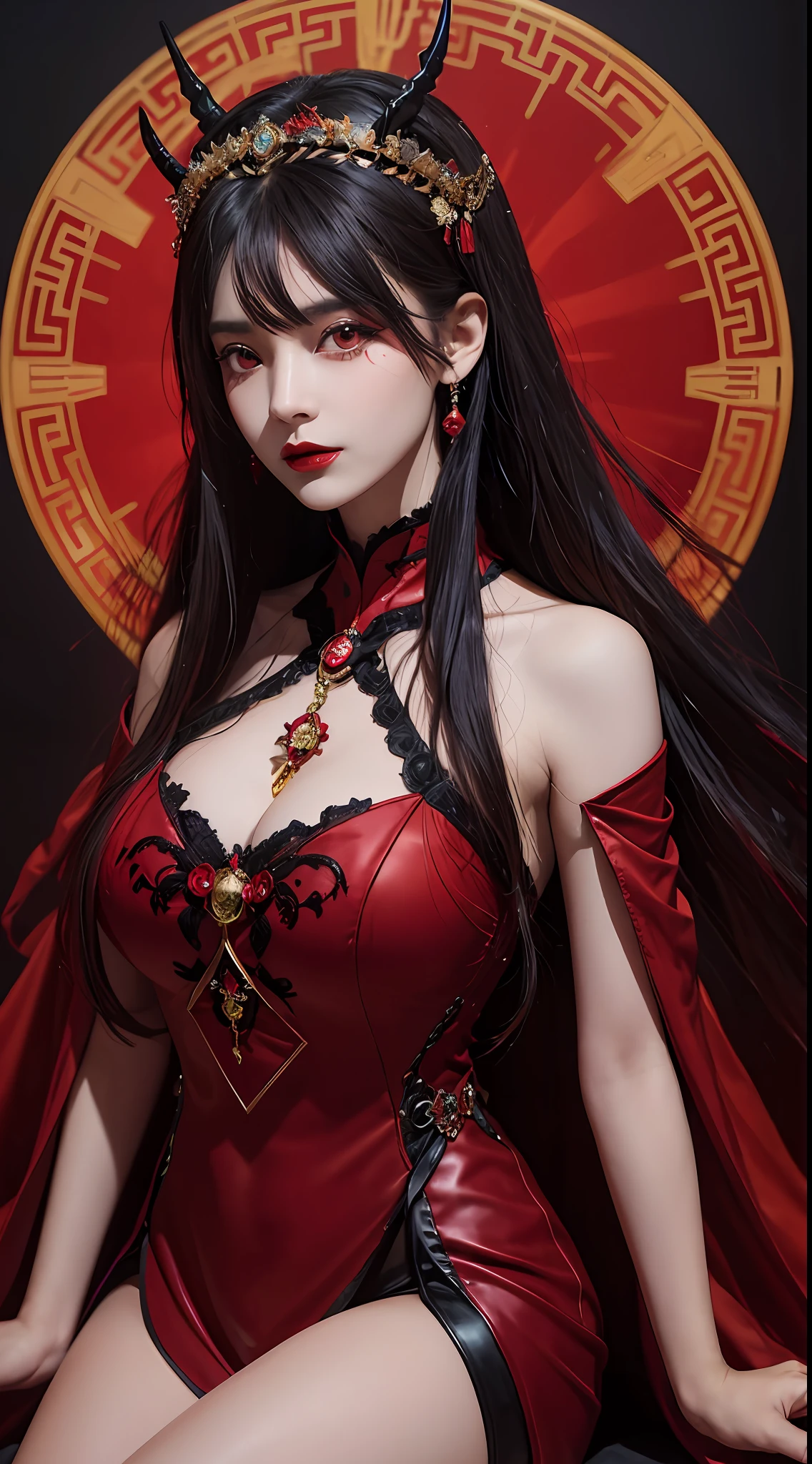 1 beautiful devil woman from hell, In the Dark: 1.6), surreal female portrait by David Hockney and Alphonse Mucha, fantasy art, korea doll, photorealism, dynamic lighting, artstation, poster, volumetric lighting, very detailed faces, 8k ultra, Awarded, in the dark, deep shadow, low key, cowboy lens, (Red phoenix dress: 1.4), long hair, black hair, bust, luxurious palace, Royal style, devil  crown, red eyes make up very sharp and detailed, The most beautiful face, big and regular breasts, Super realistic, chinese women's clothing, polo neck sweater, Charming smile, The eyes are very well made up, guweiz, devil style, loong, wearing black mesh socks, 2 bangs braided hair, Red black lips, Devil tattoo on shoulder, wearing a thin red and black robe, the landscape is overcast and thunderous, (Portrait), Close-up of the main character, (Background details 1.8), Hugging the heroine,