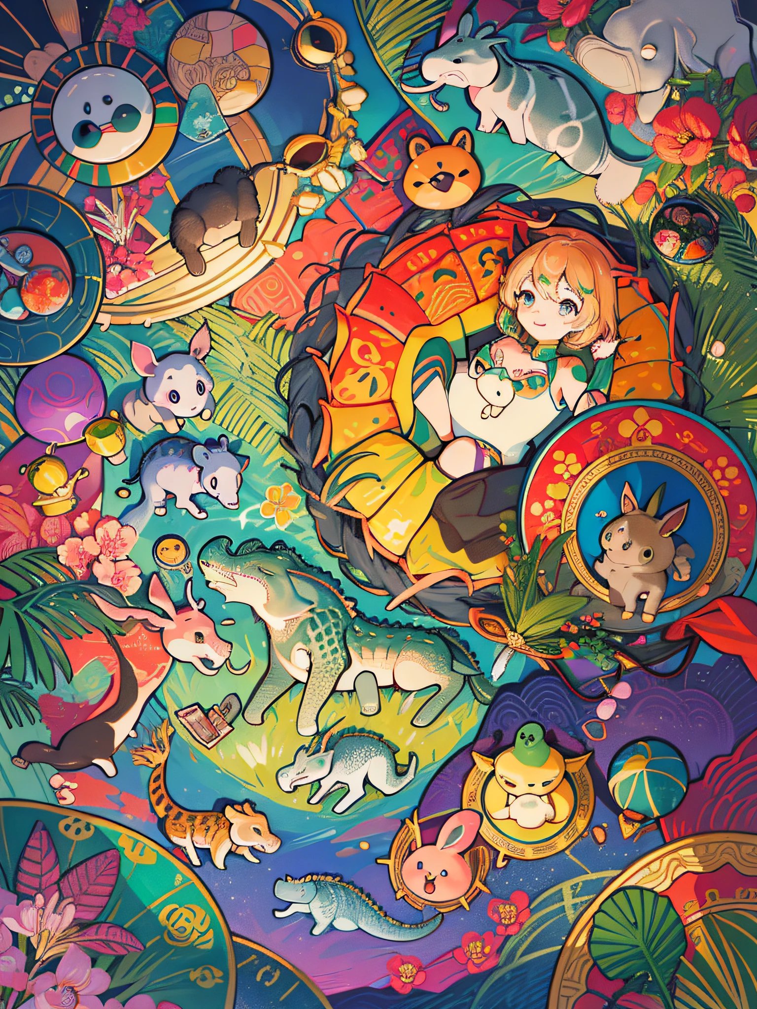 There are many different animal motifs in this photo, elephant, crocodile, rabbit and other animal patterns, cute, hand drawn illustration, colorful, Wang Chen, crocodile Loki, ƒ5.6,🦩🪐🐞👩🏻🦳; 🌞🌄 , code, 🪔 🎨 metaverse