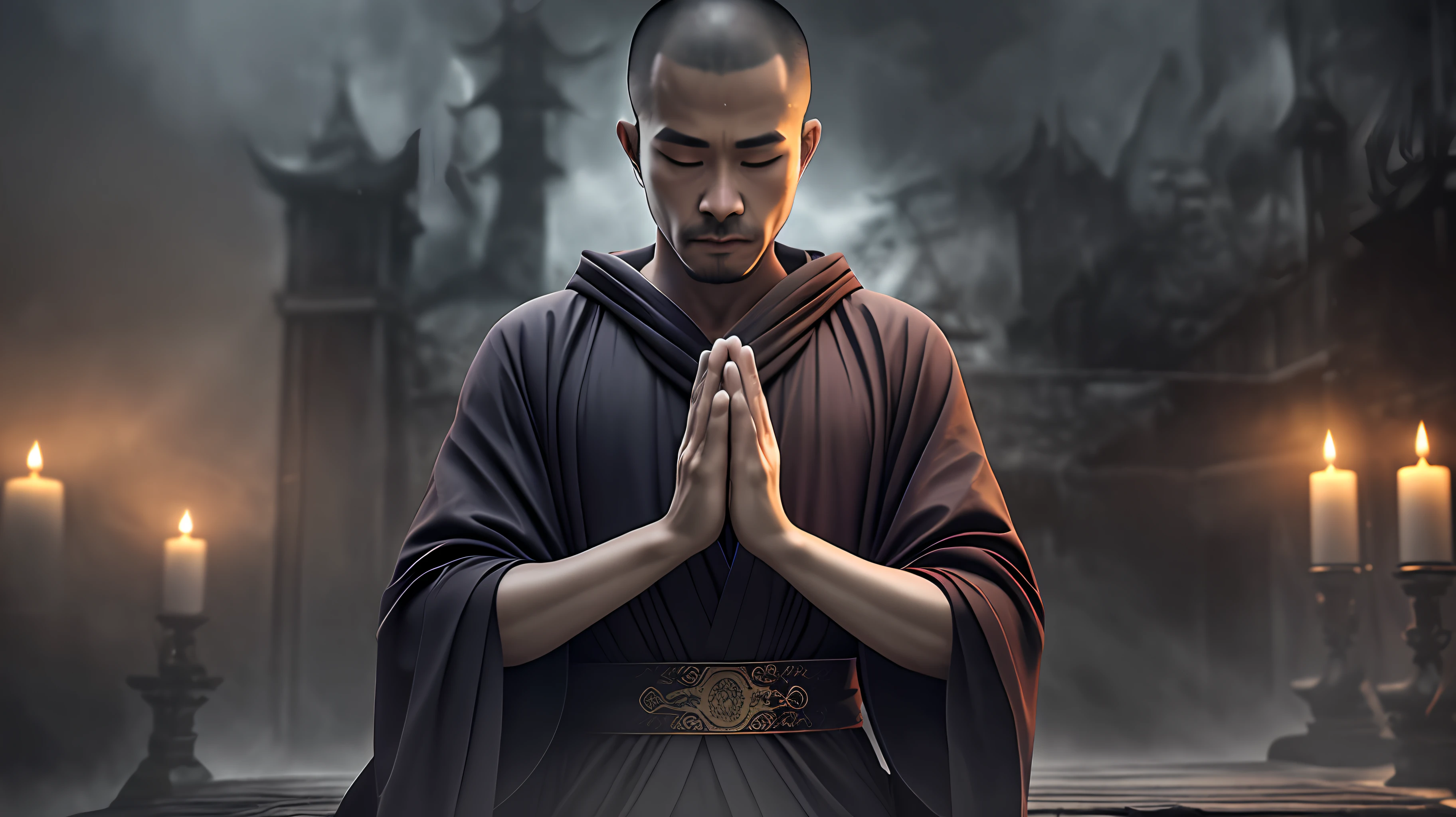 man Monk in robe prays in lotus pose, by Fang Congyi, fantasy art, (dark atmosphere:1.5), cinematic, intricate, dof