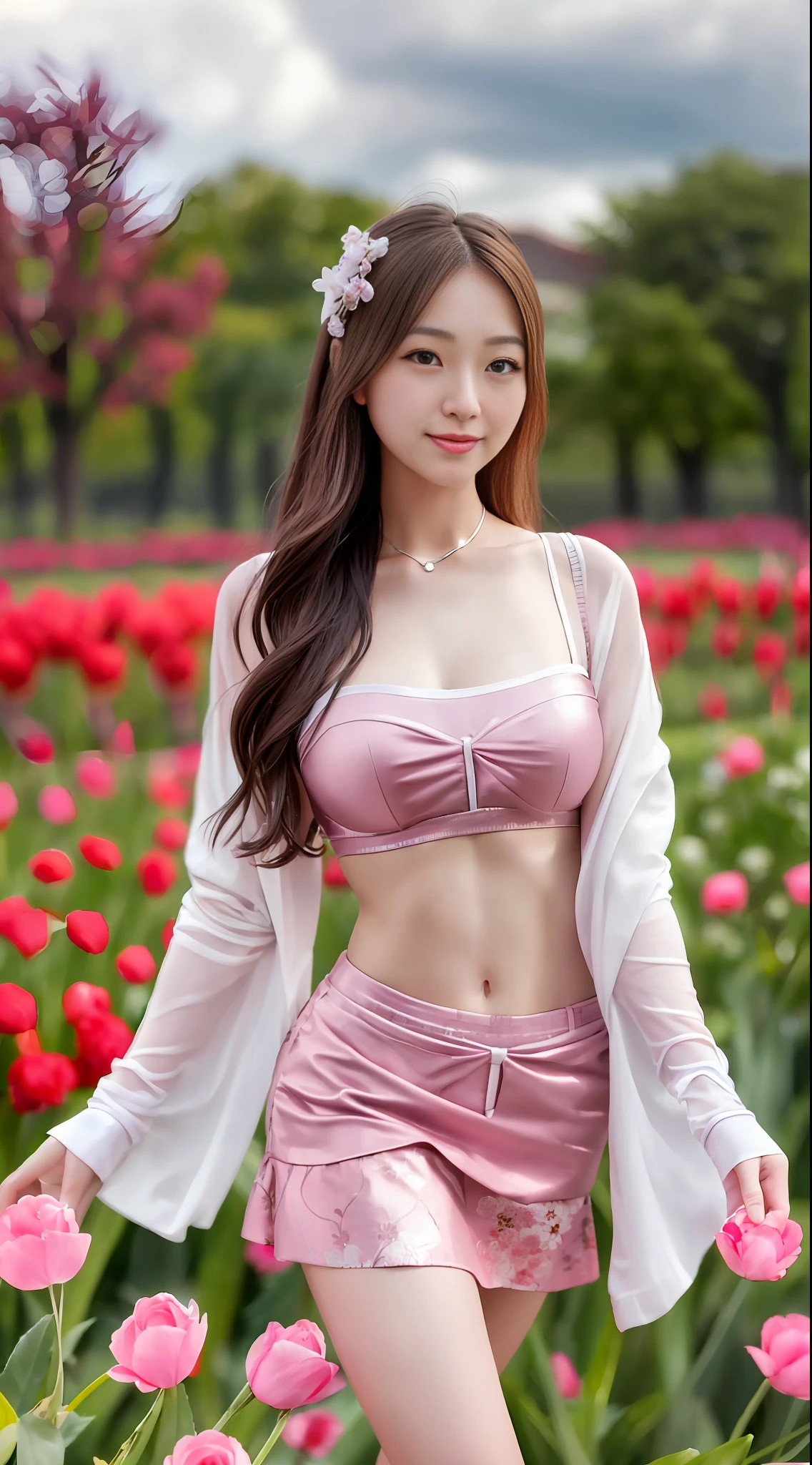 Smiling minchen, mouth closed, balanced eyes, (Best Quality Detail: 1.2), Realistic, 8K HD, Ultra Detailed, High Quality Texture, Complex Detail, Detailed Texture, Fine Detail, High Detail, Very Detailed CG, Delicate Beautiful Delicate Face, (Delicate Beautiful Delicate Eyes: 1.32), Very Bright Lights, (A Beautiful 25-Year-Old Cute Japanese Lady: 1), Proud, Tall Female, Beautiful Legs, Glowing Eyes, Blush, Very White Skin, Perfect Body Petite, Silver Tight Bra, [Brown Skirt]: 1, Stockings and suspenders: 1.2, long hair, short pink skirt, comfortable living room, sun, hands open, earrings, necklace, model, looking at the audience, standing pose, from the side, dynamic pose, front