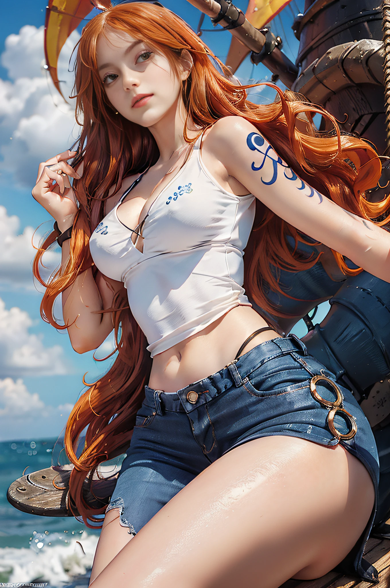 (((masterpiece+best quality+high resolution+ultra-detailed))), nami\(one piece\), long silky orange hair, high nose, sharp eyes, noble and inviolable temperament, (([female]: 1.2 + [beauty]: 1.2 + orange long hair: 1.2)), pirate ship background, (one piece), blue sky, bracelets, bubbles, clouds, denim, pants, shoulder tatto, bright eyes, dynamic angle and posture.