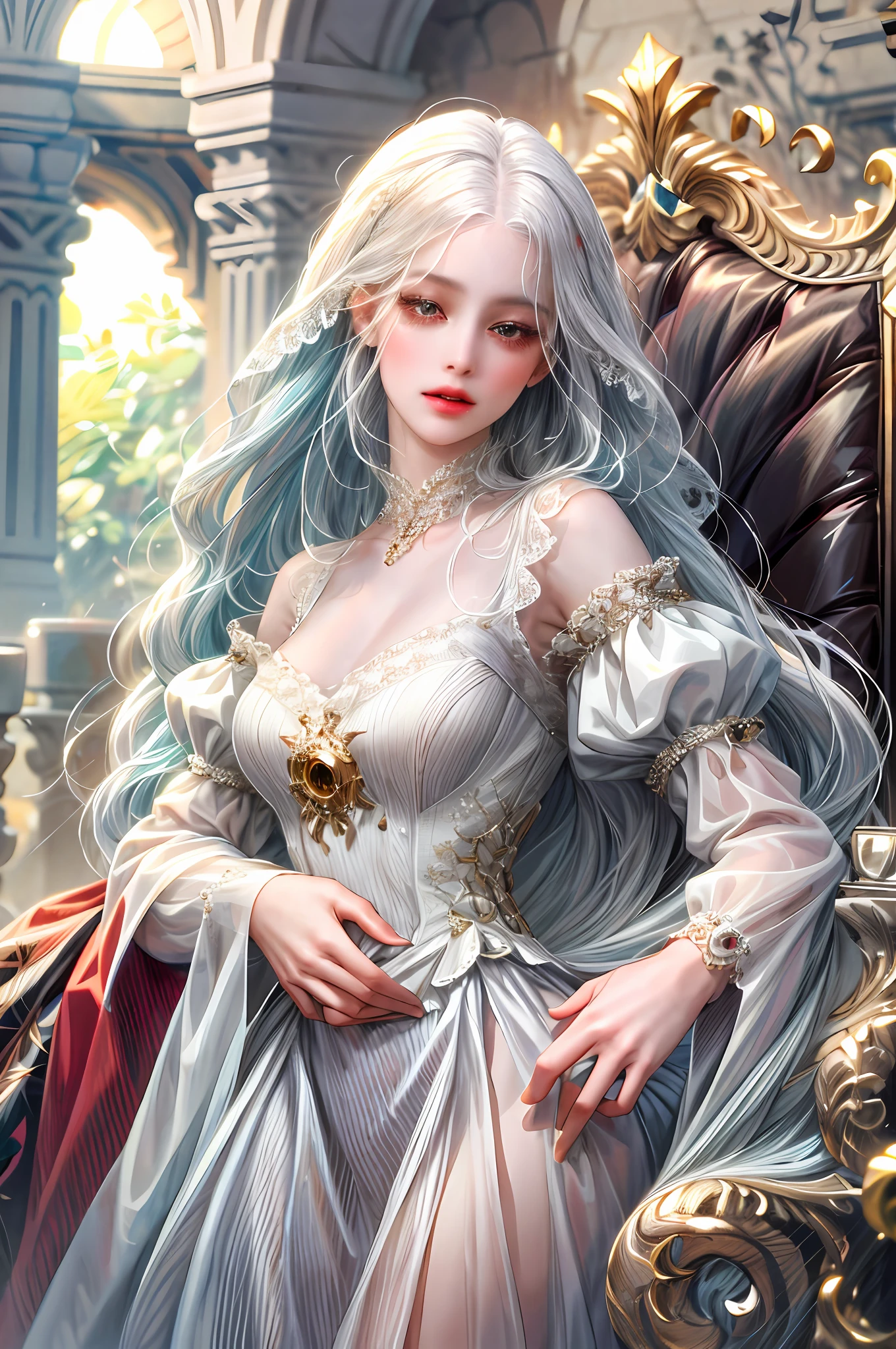 (absurdres, highres, ultra detailed), 1girl, solo, mature, (very long hair, white hair), Baroque, long dress, long sleeve, elegant, colorful, highest detailed, upper body